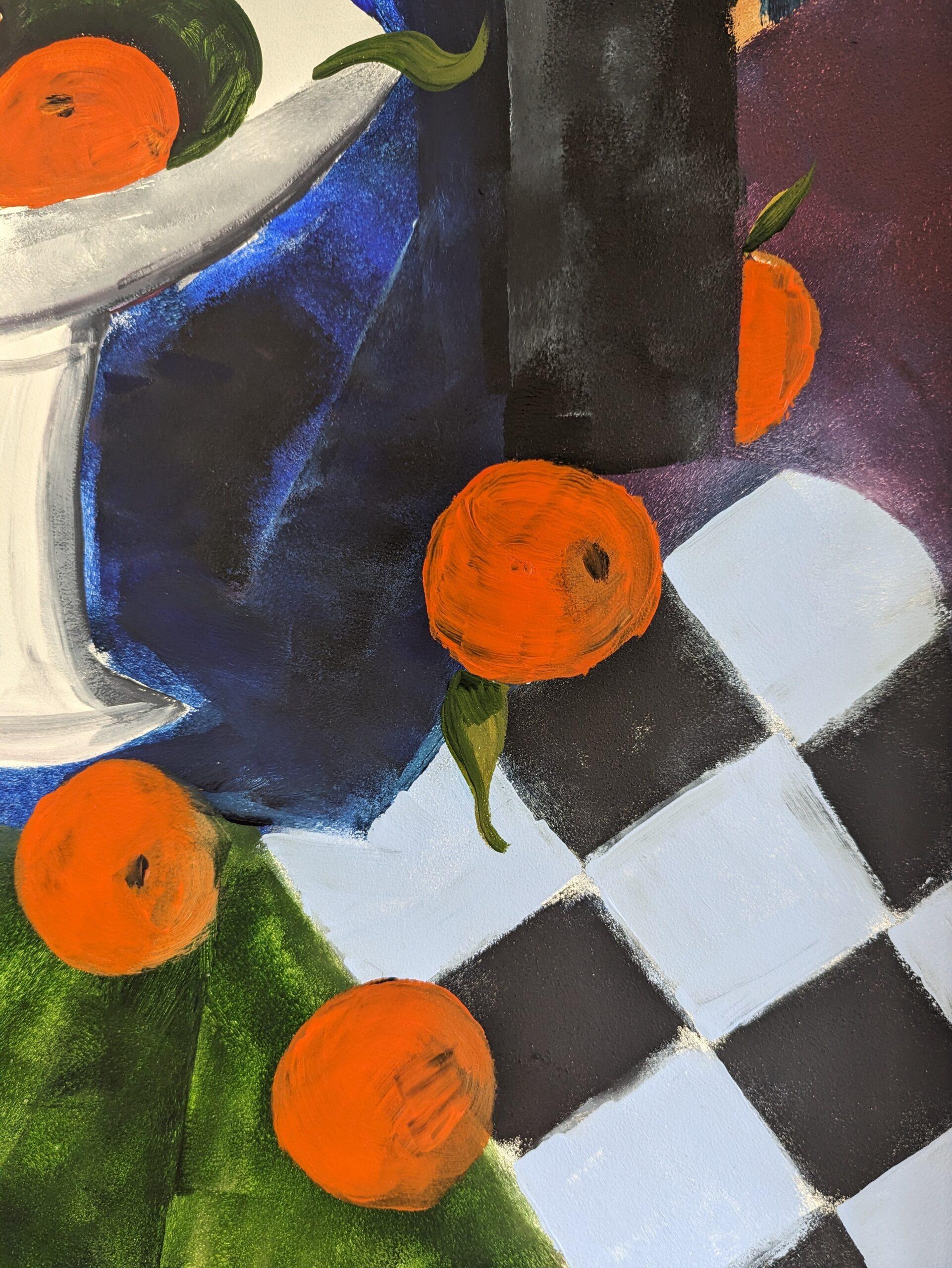 Pittura ad olio di una natura morta moderna di metà secolo - Arance e bottiglia 7