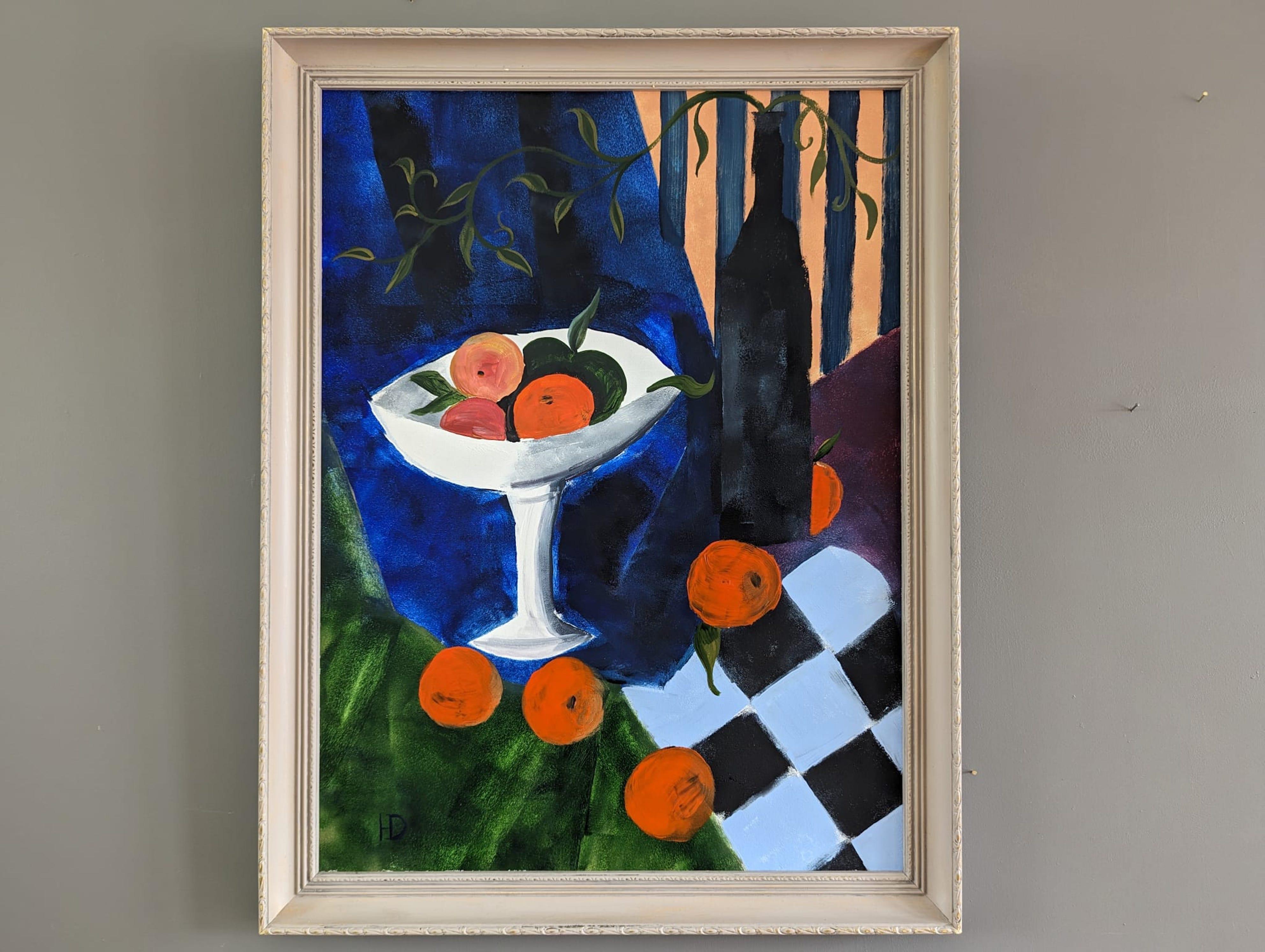 Pittura ad olio di una natura morta moderna di metà secolo - Arance e bottiglia - Painting di Unknown