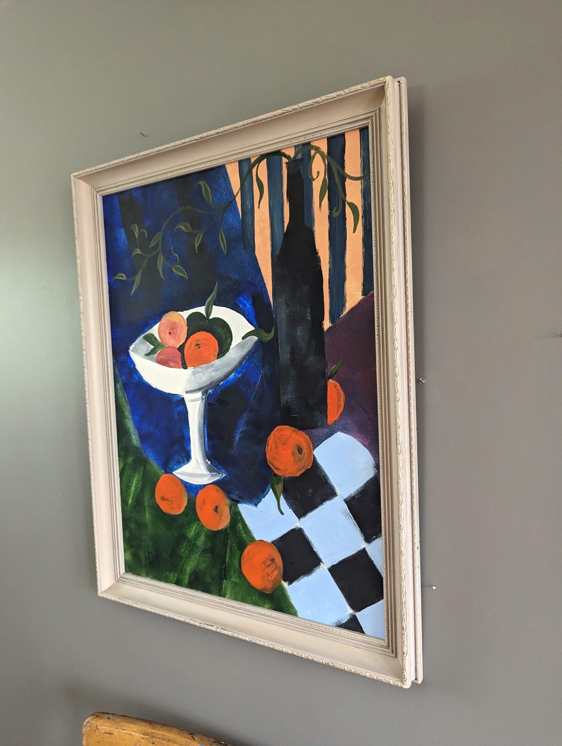 Pittura ad olio di una natura morta moderna di metà secolo - Arance e bottiglia - Painting Moderno di Unknown