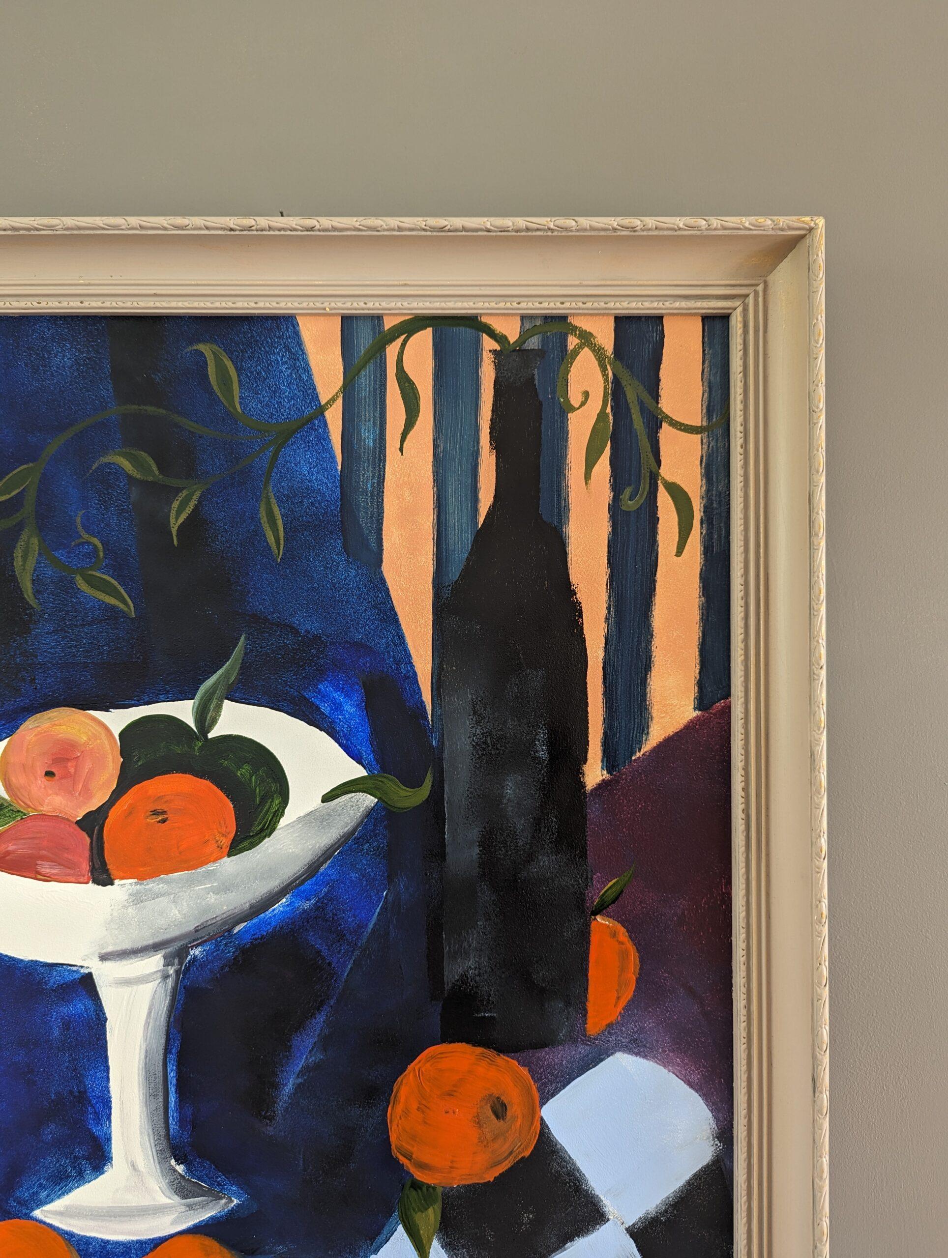 Pittura ad olio di una natura morta moderna di metà secolo - Arance e bottiglia 1