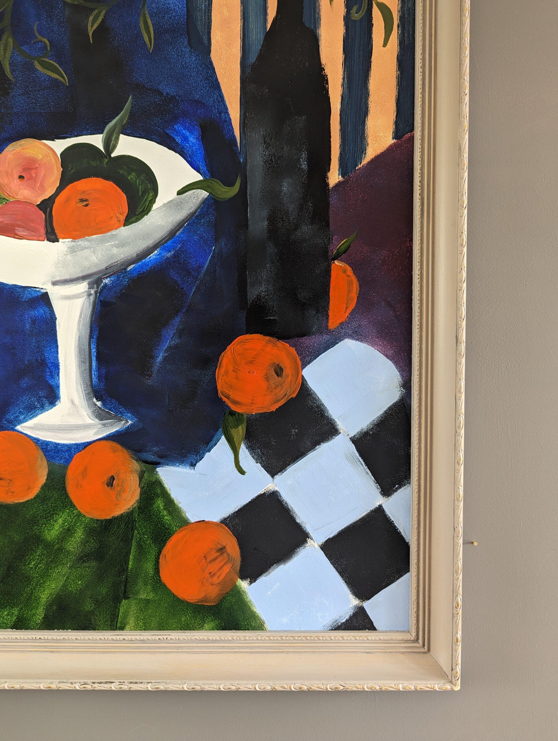 Pittura ad olio di una natura morta moderna di metà secolo - Arance e bottiglia 2