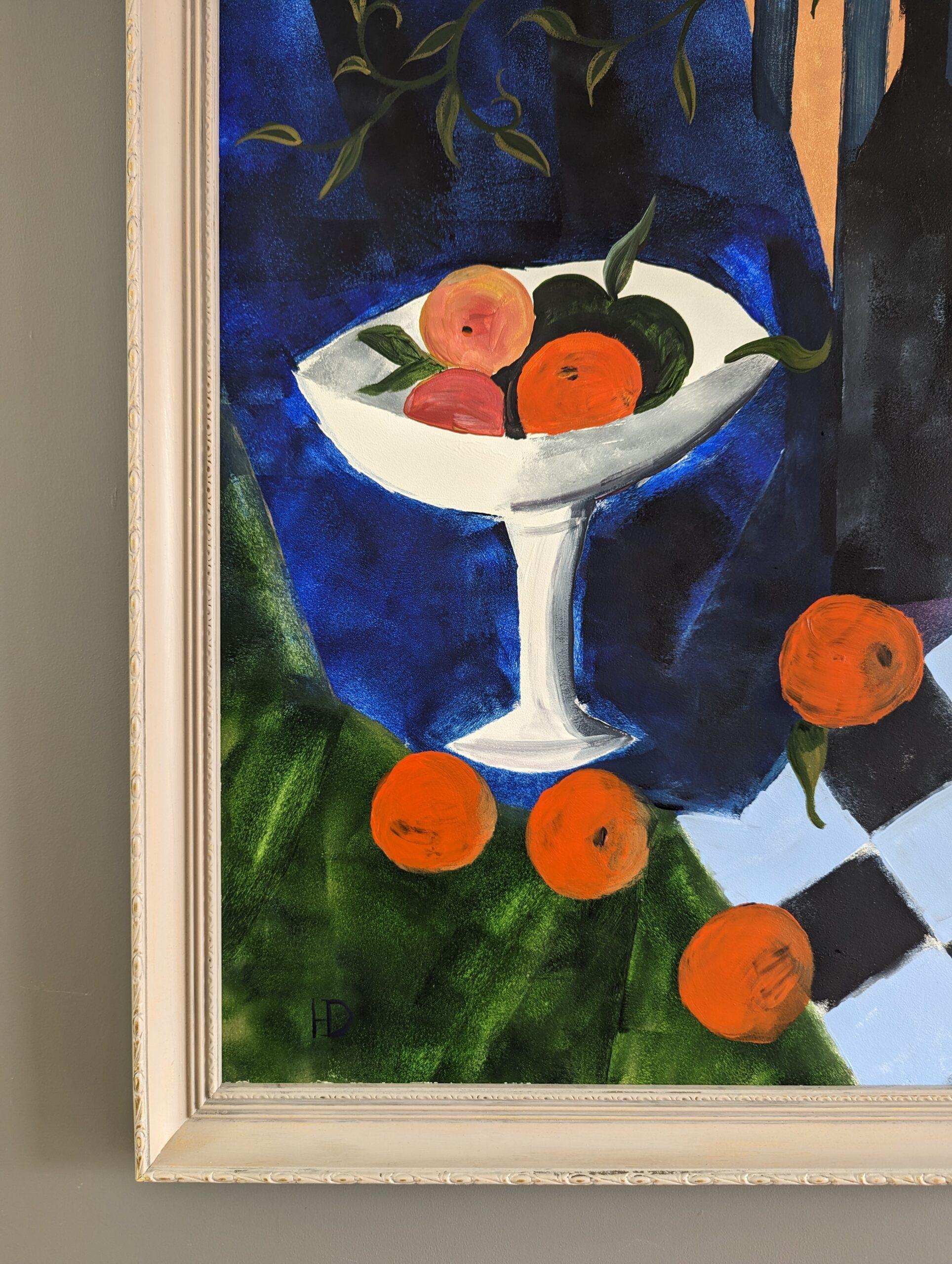 Pittura ad olio di una natura morta moderna di metà secolo - Arance e bottiglia 3