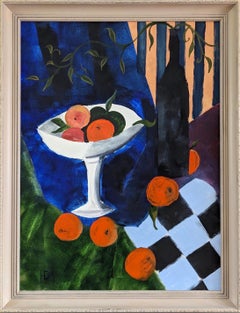 Vintage Mid-Century Modern Still Life Ölgemälde - Orangen & Flasche