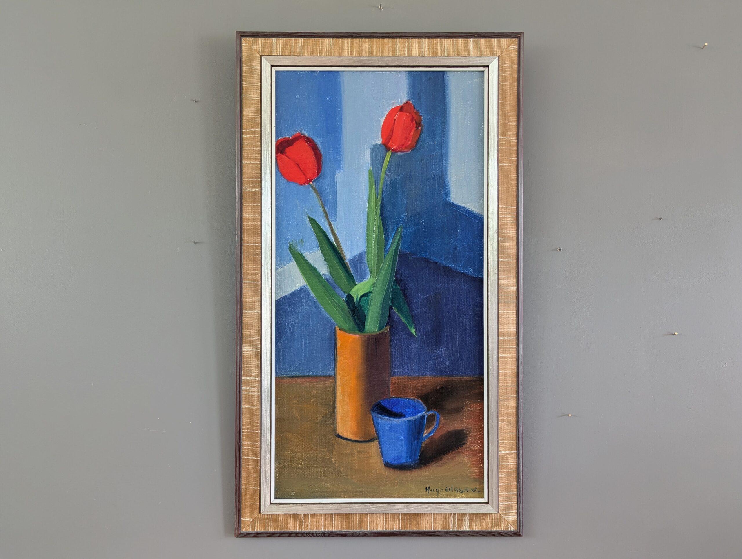 TULIPS IN RED
Oil on Canvas
Size: 70 x 40 cm (including frame)

An uplifting and well-balanced mid century still life composition that celebrates the beauty in everyday objects, executed in oil onto canvas.

The centrepiece of the composition is a
