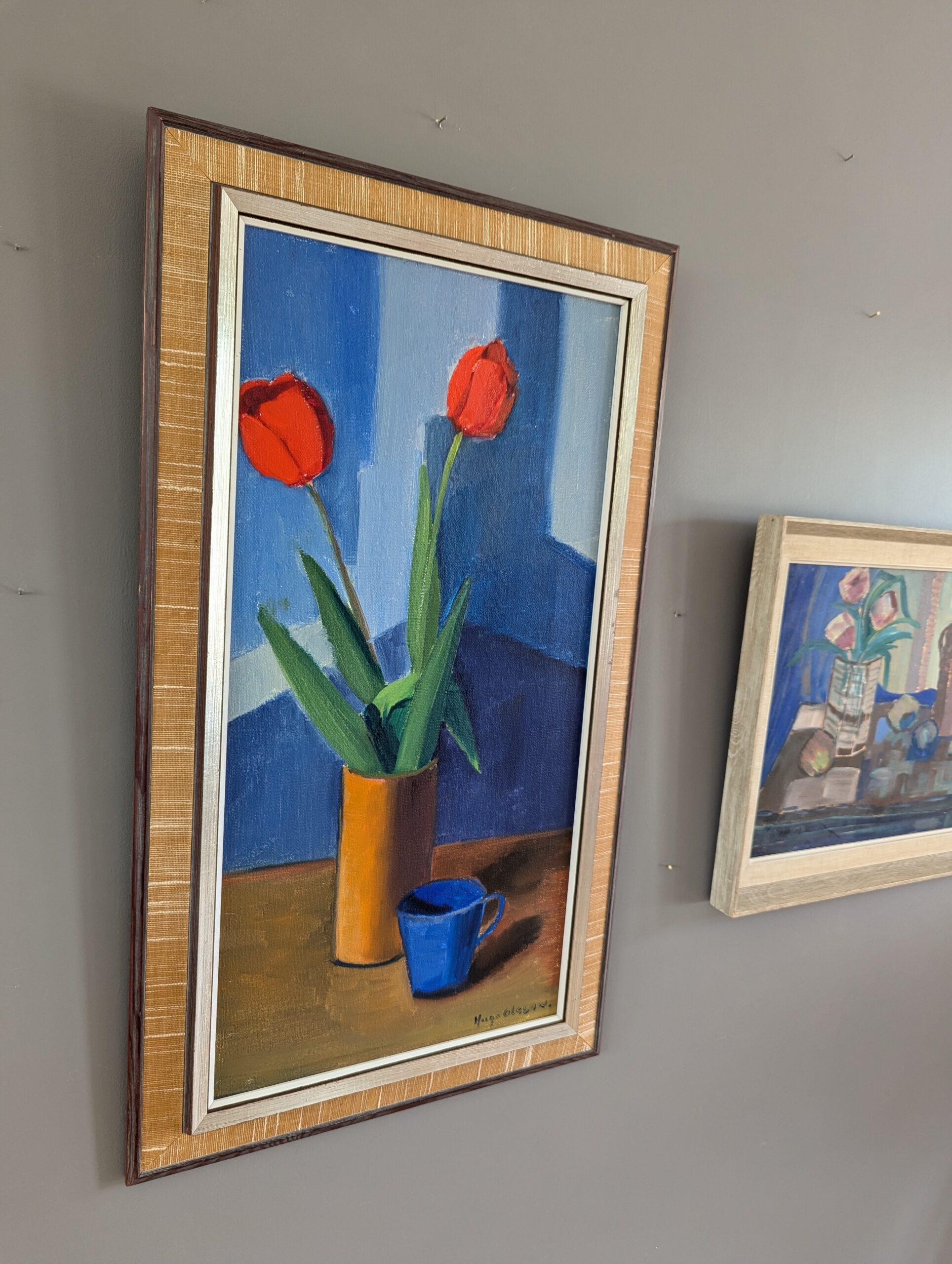 Vintage Mid-Century Modern Still Life Oil Painting - Tulips in Red 1