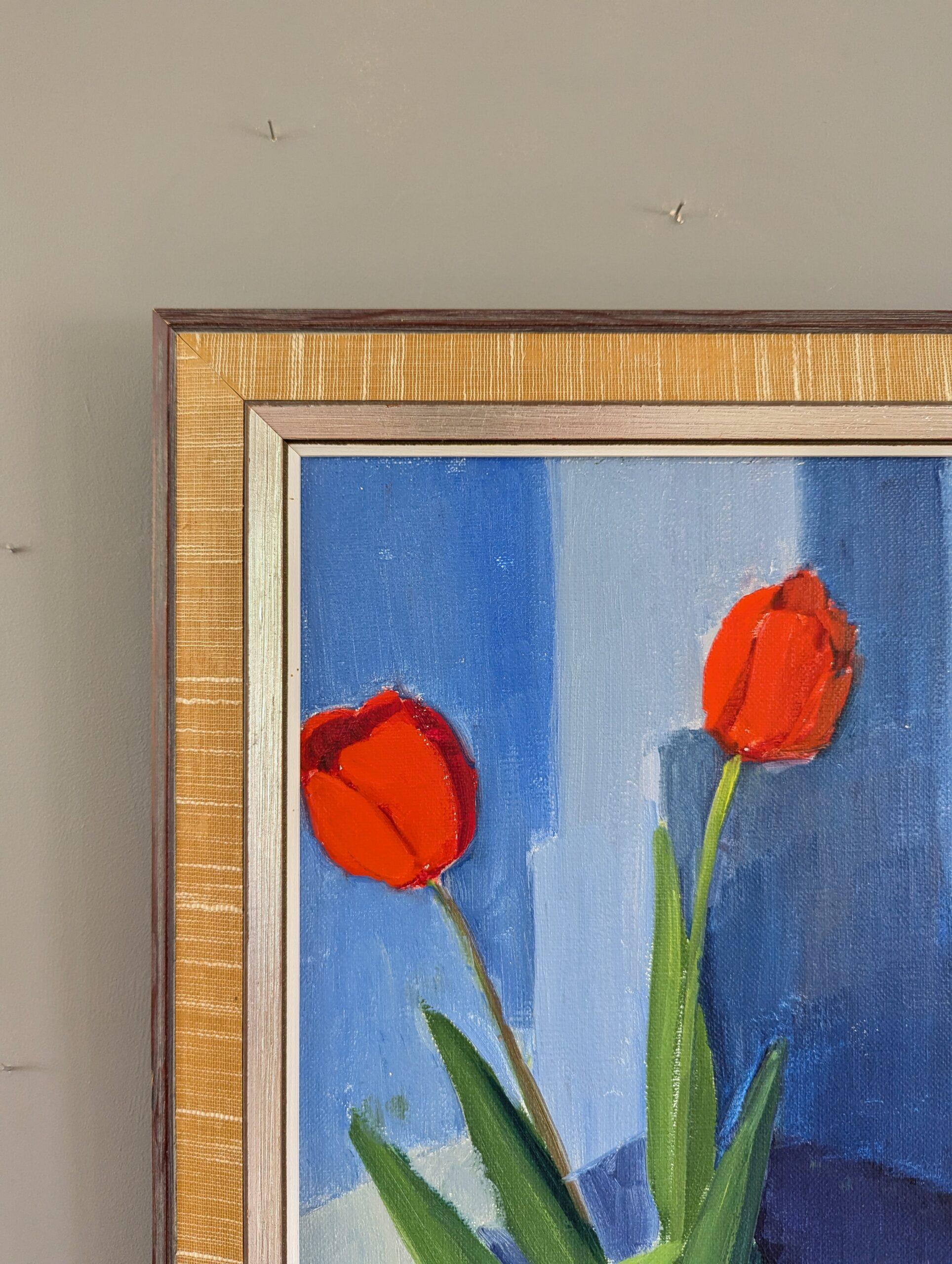 Vintage Mid-Century Modern Still Life Oil Painting - Tulips in Red 2