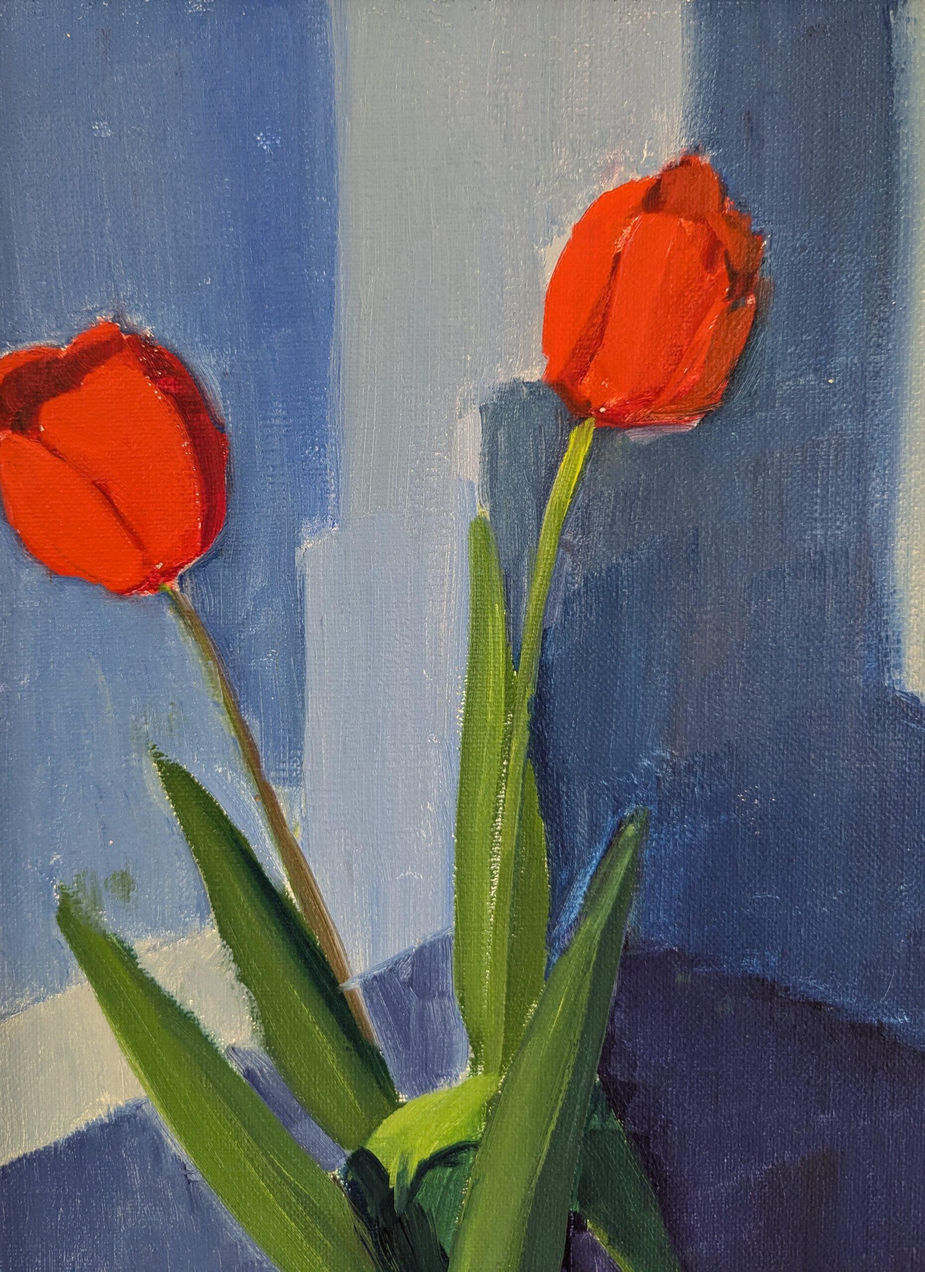 Vintage Mid-Century Modern Still Life Oil Painting - Tulips in Red 6
