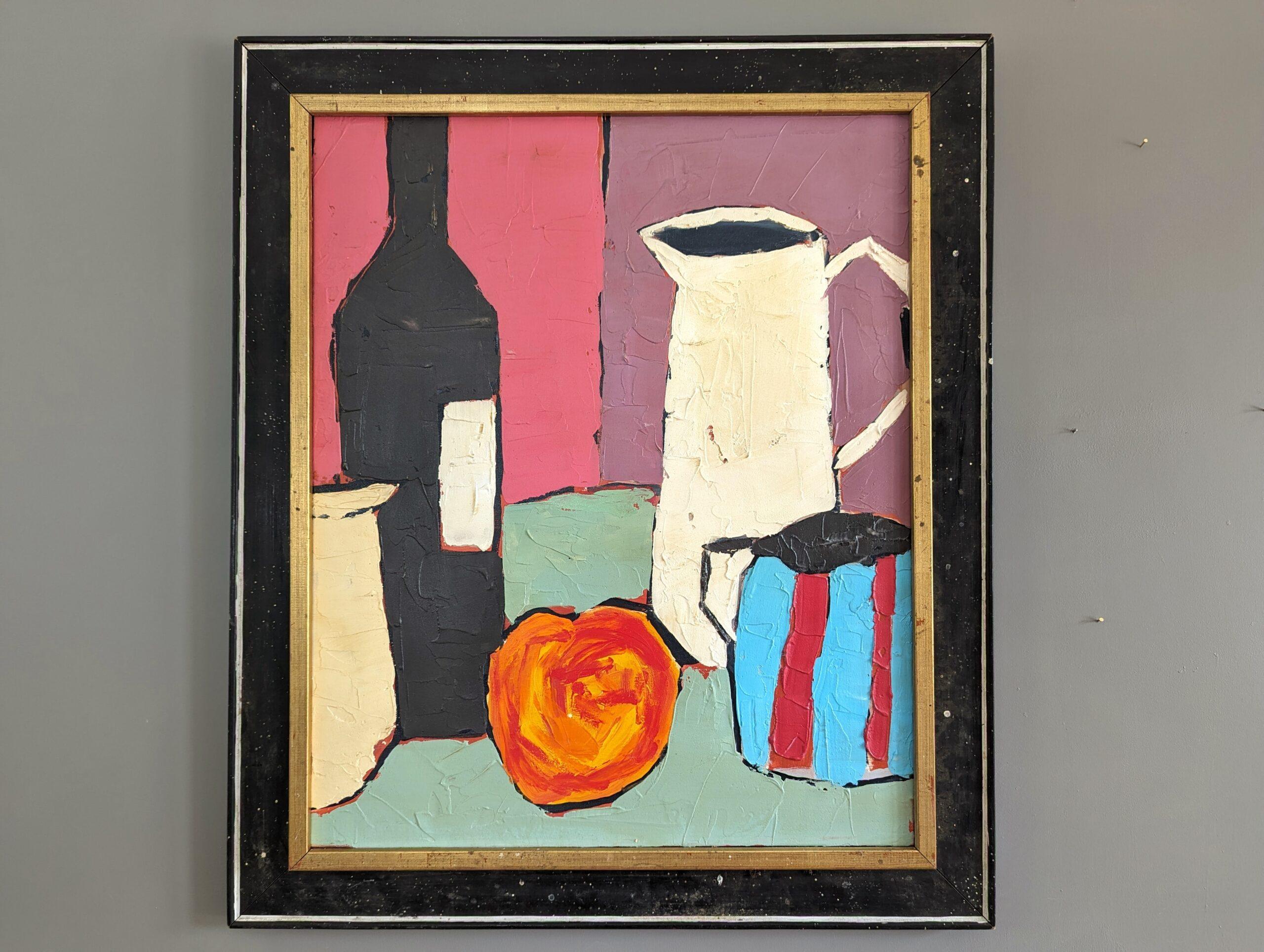 BODEGÓN CON NARANJA
Tamaño: 75,5 x 65 cm (incluido el marco)
Acrílico sobre lienzo

Una vibrante y llamativa composición de naturaleza muerta, realizada en acrílico sobre lienzo.

La composición presenta un surtido de objetos cuyas siluetas están
