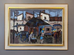 Vintage Mid-Century Modern Street Scene Framed Oil Painting - Walk the Street