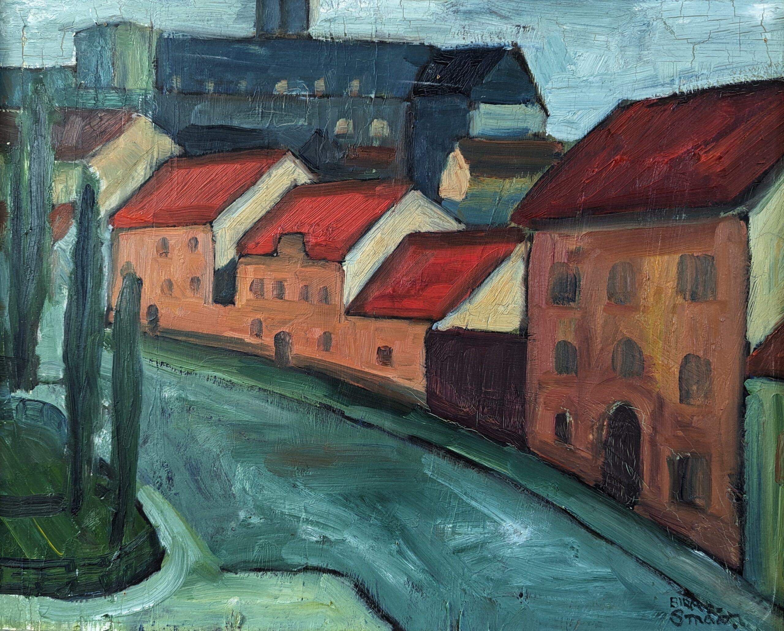 Vintage Pintura al óleo de una escena callejera moderna de mediados de siglo - Tramo de casas 5