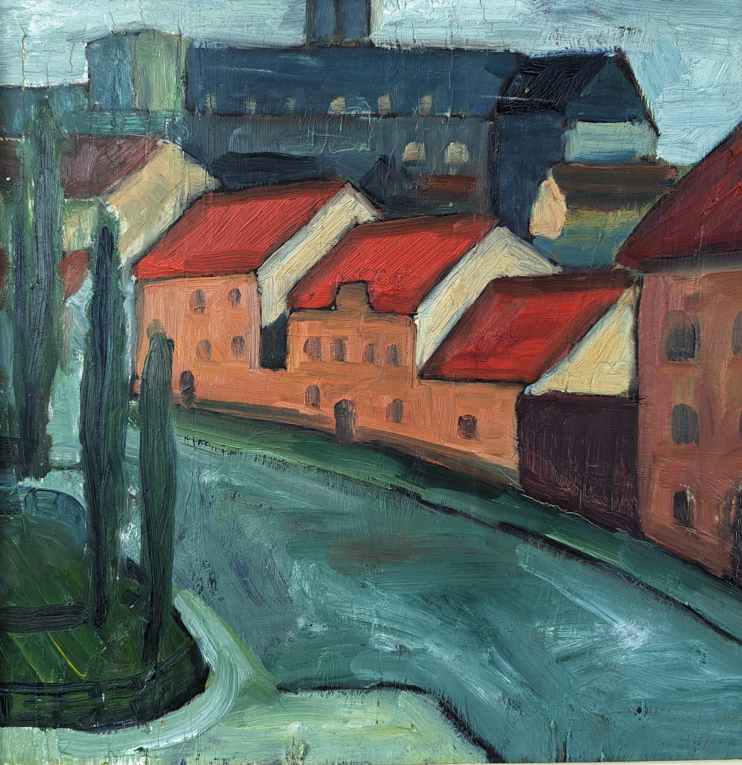 Vintage Pintura al óleo de una escena callejera moderna de mediados de siglo - Tramo de casas 6