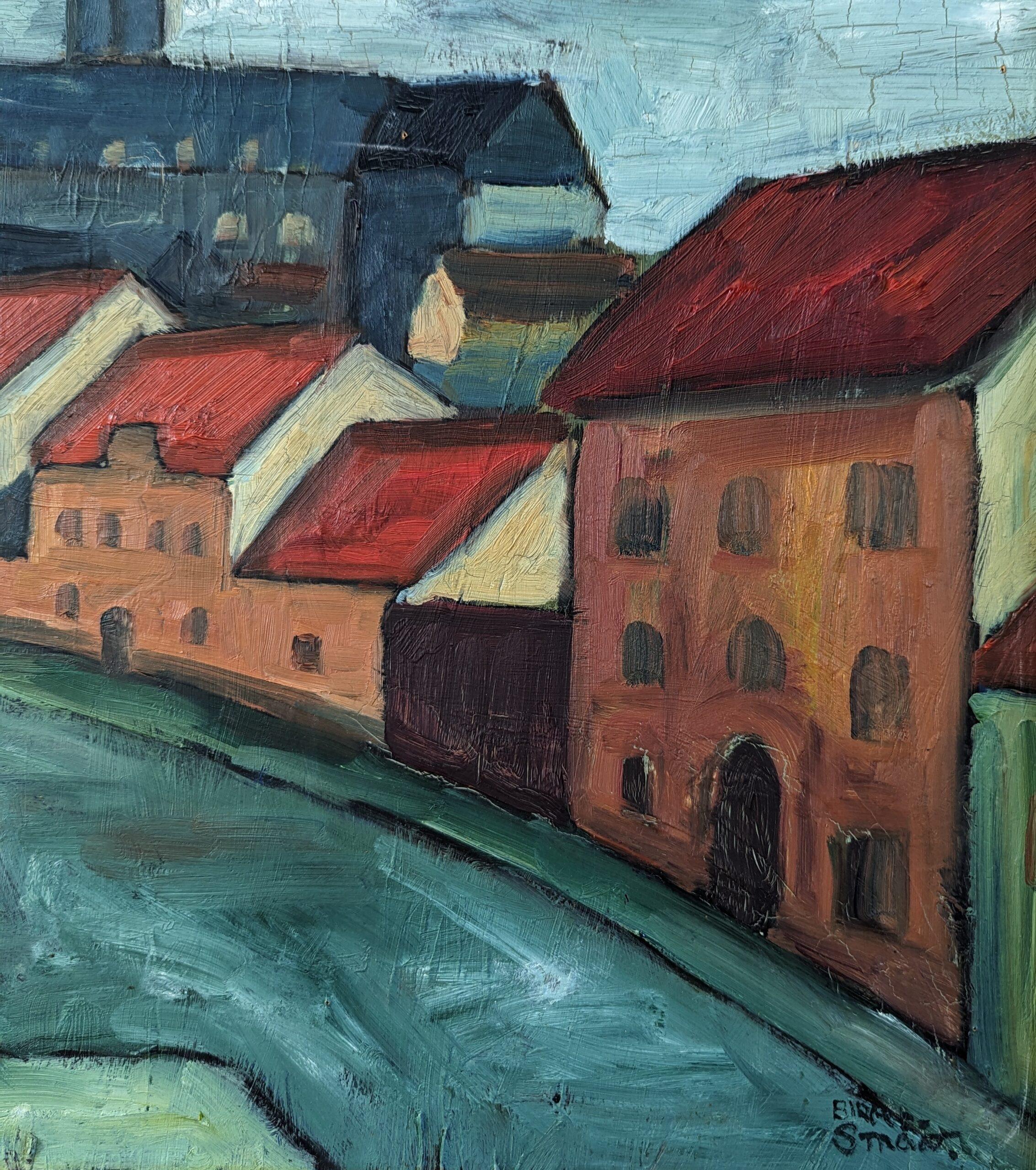 Vintage Pintura al óleo de una escena callejera moderna de mediados de siglo - Tramo de casas 7