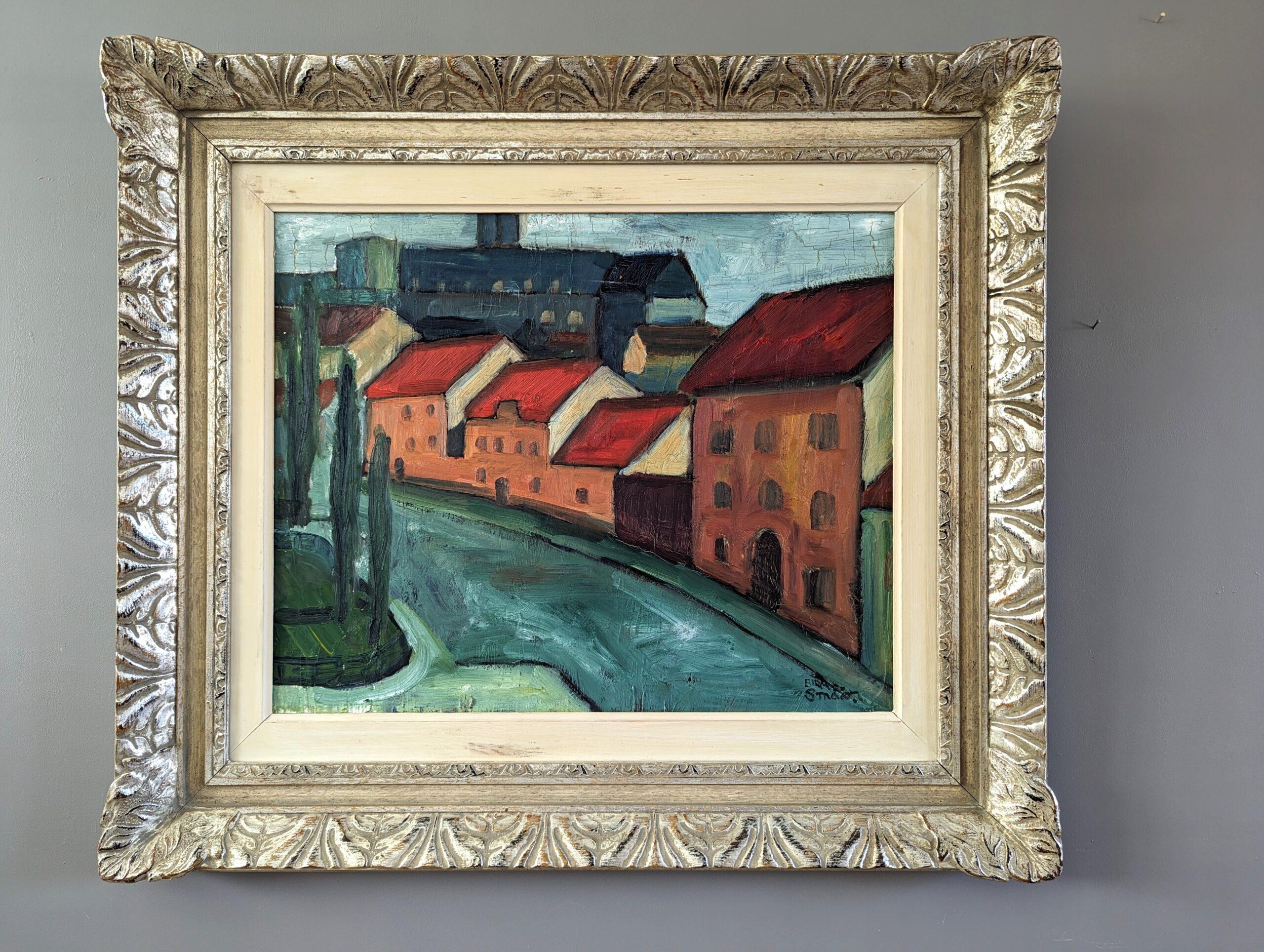 STRETCH OF HOUSES
Size: 60 x 68 cm (including frame)
Oil on Board

A very charming modernist style mid-century street scene composition, executed in oil onto board.

The painting presents a lively neighbourhood lined with a stretch of houses of