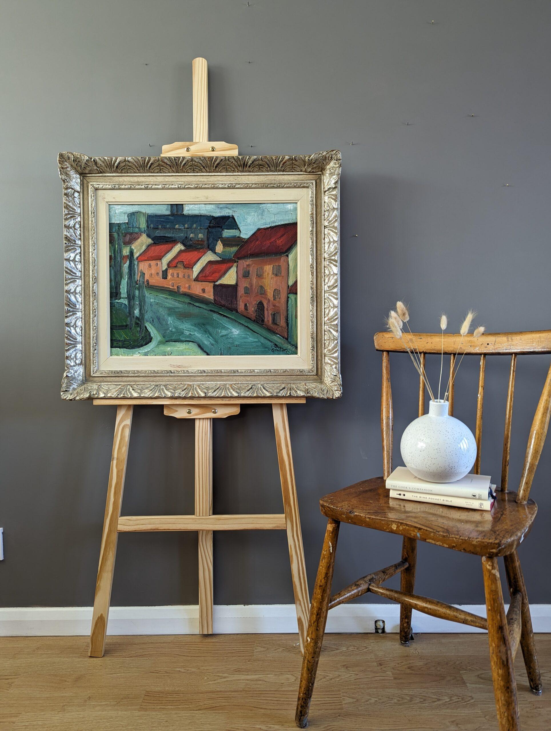 Vintage Pintura al óleo de una escena callejera moderna de mediados de siglo - Tramo de casas - Painting Moderno de Unknown