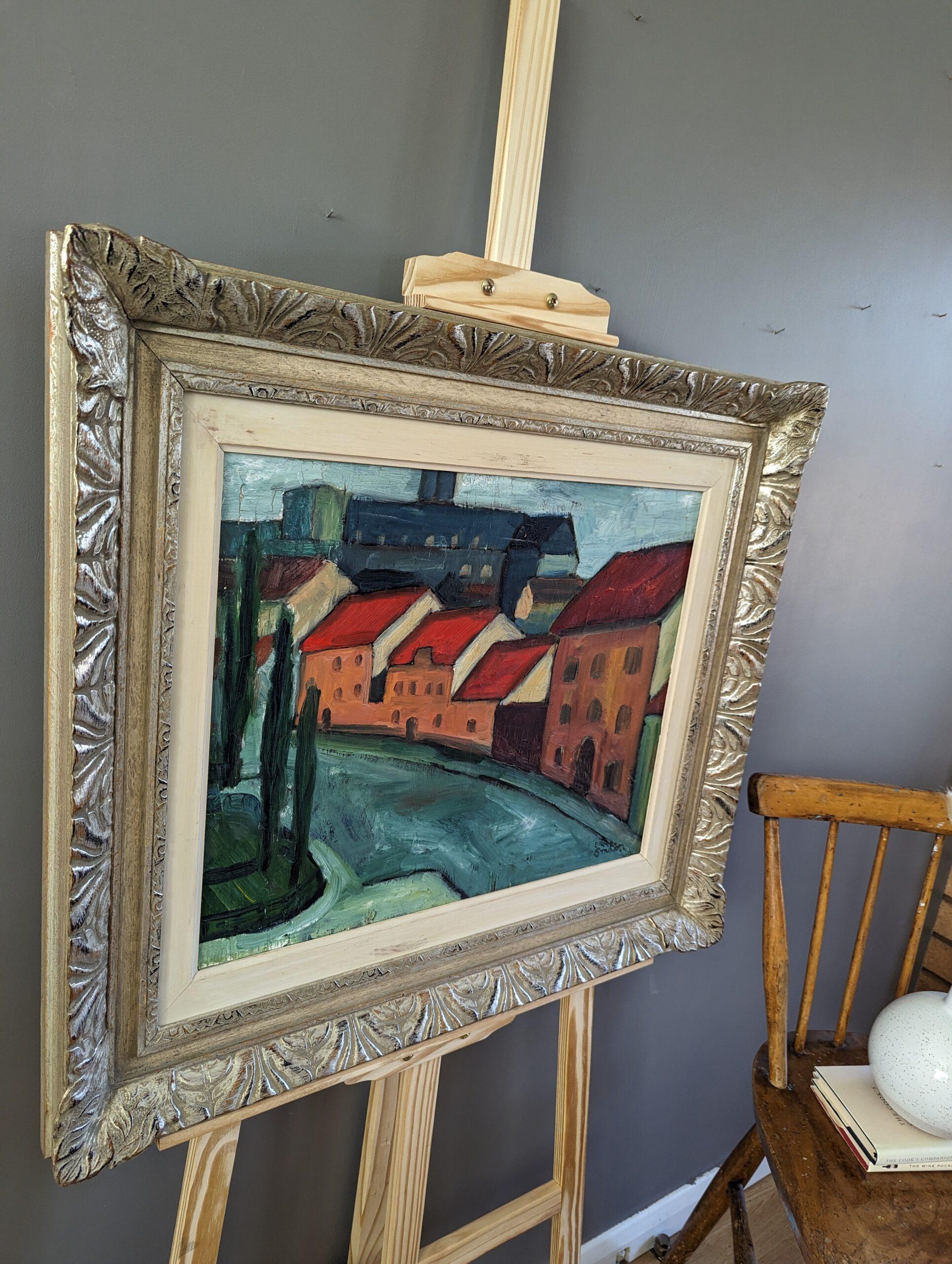 Vintage Pintura al óleo de una escena callejera moderna de mediados de siglo - Tramo de casas - Landscape Painting Marrón de Unknown