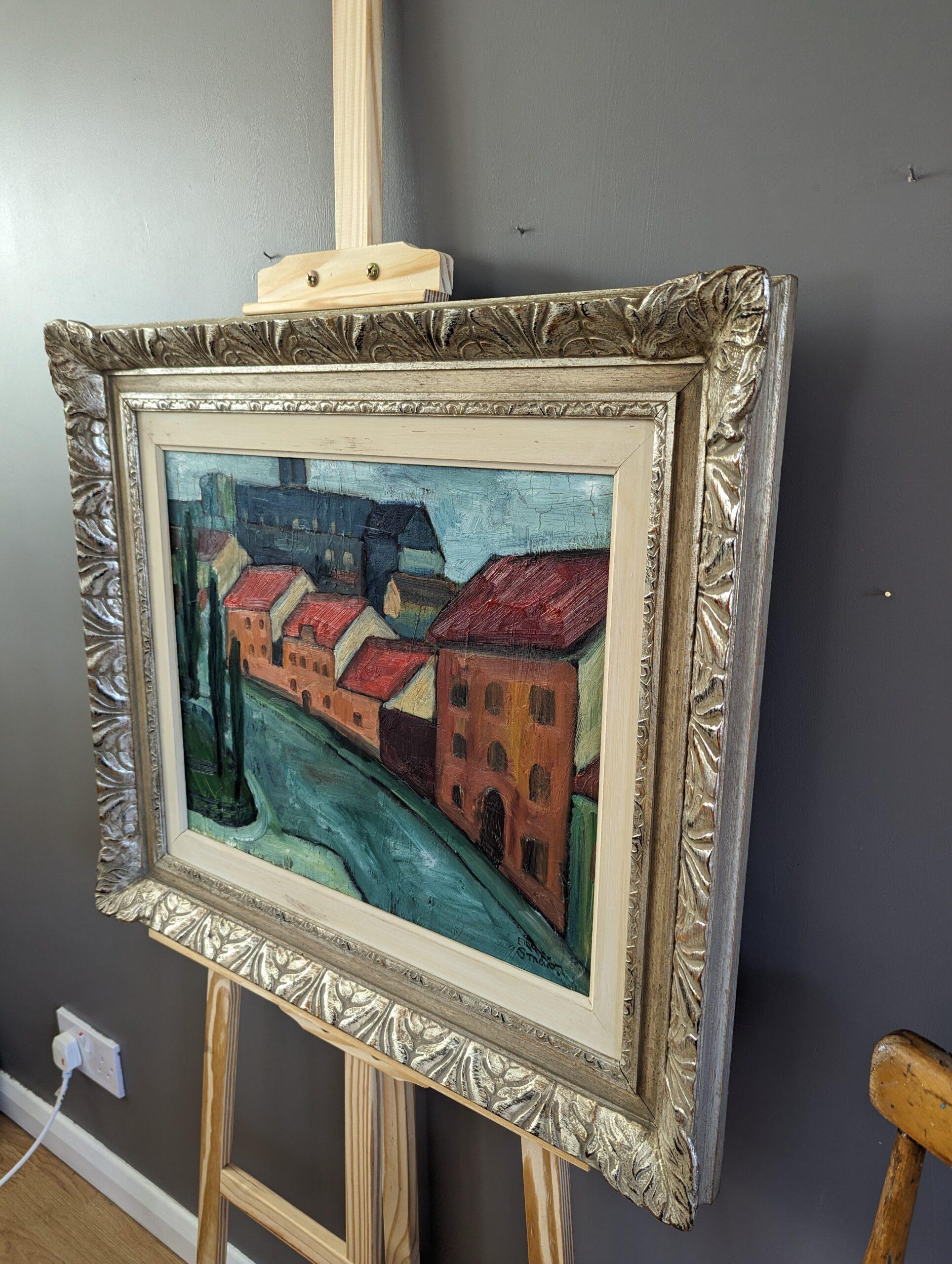 TRAMO DE CASAS
Tamaño: 60 x 68 cm (incluido el marco)
Óleo sobre tabla

Encantadora composición de escena callejera de mediados de siglo, de estilo modernista, realizada al óleo sobre tabla.

El cuadro presenta un animado barrio bordeado por un
