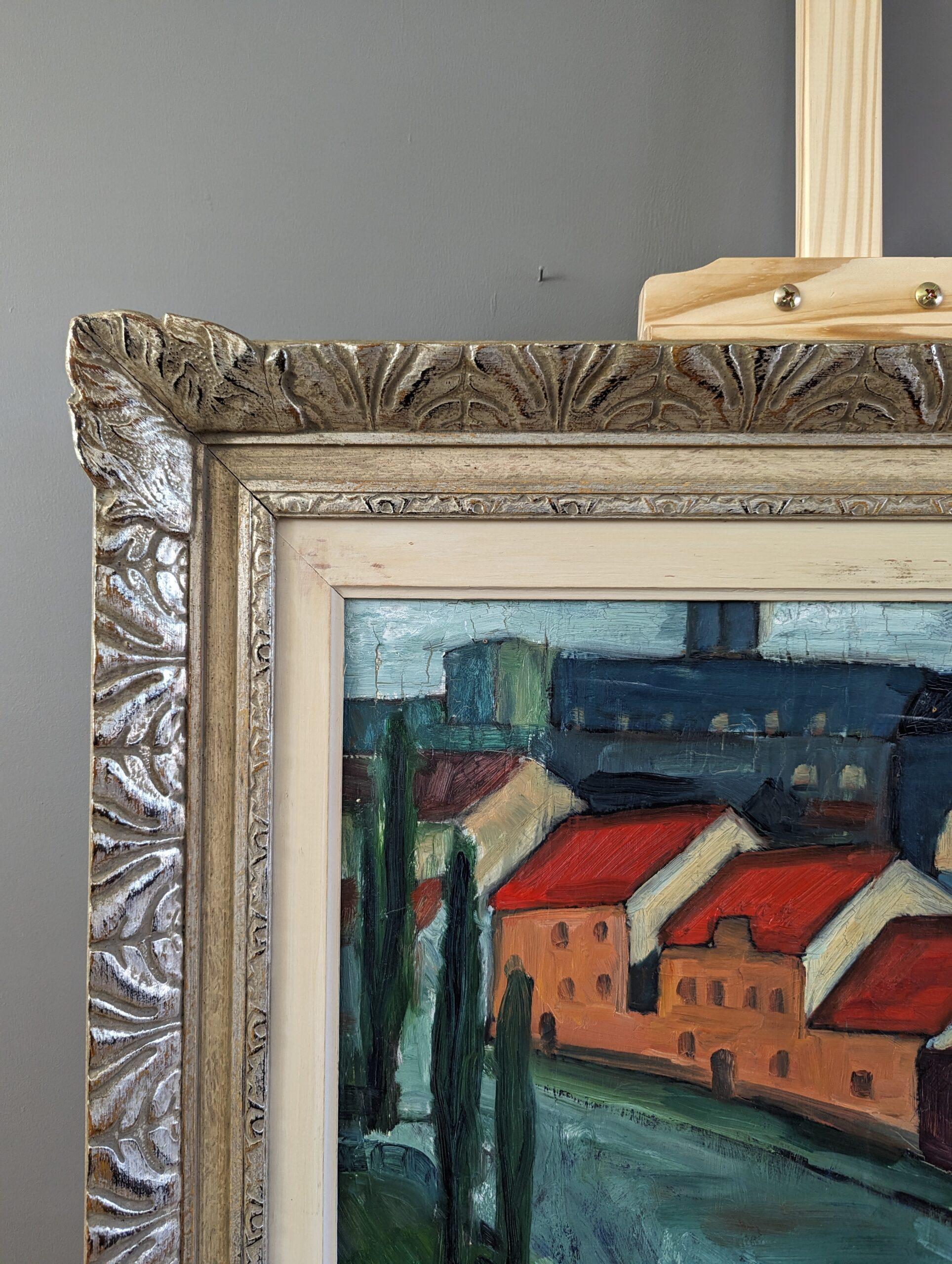 Vintage Mid-Century Modern Street Scene Oil Painting - Stretch of Houses For Sale 4