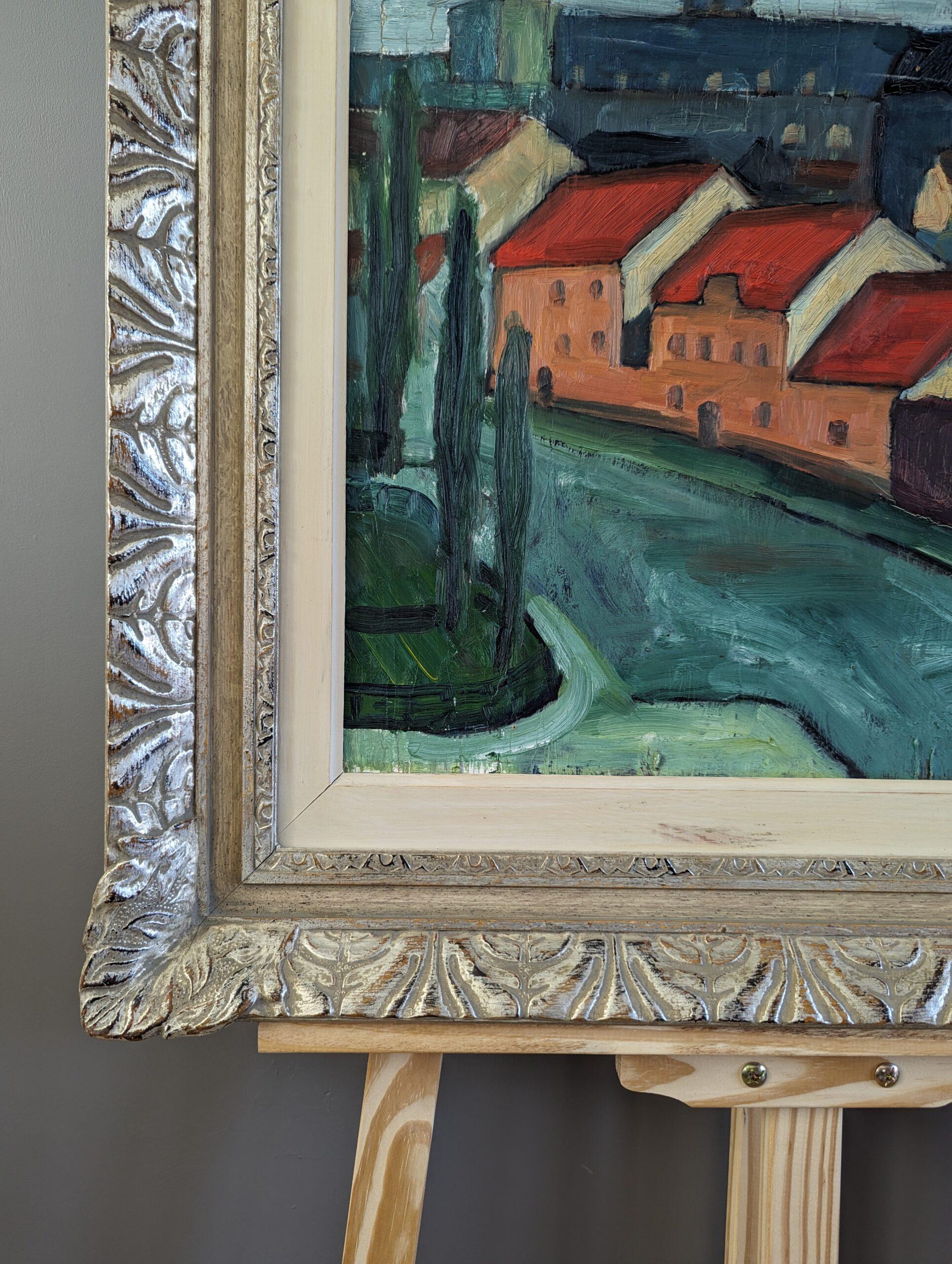 Vintage Pintura al óleo de una escena callejera moderna de mediados de siglo - Tramo de casas 2