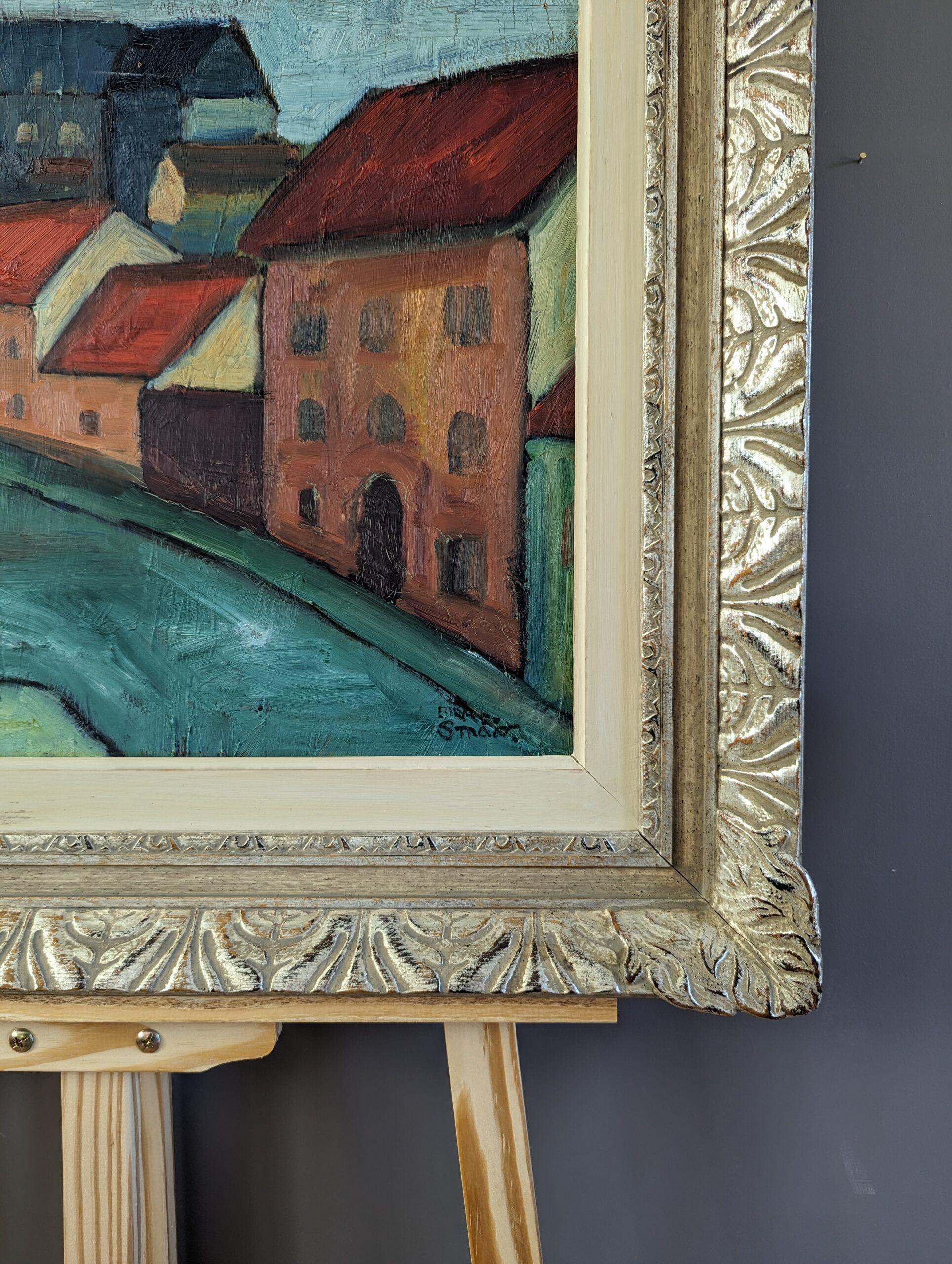 Vintage Pintura al óleo de una escena callejera moderna de mediados de siglo - Tramo de casas 3