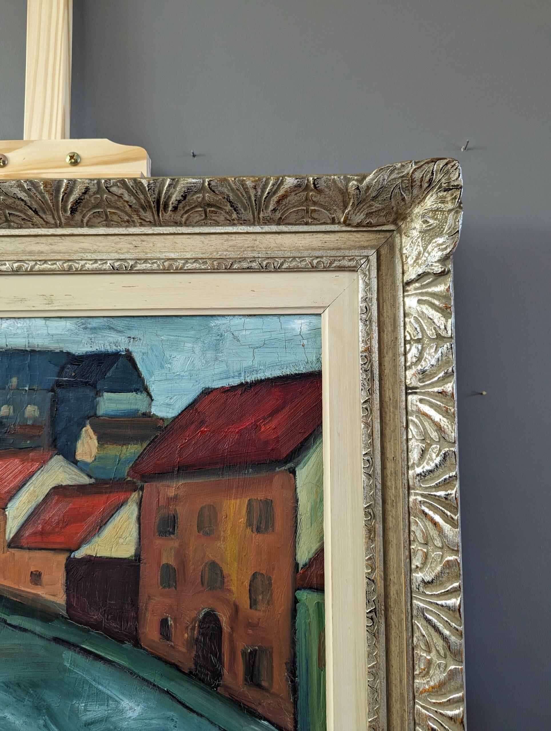 Vintage Pintura al óleo de una escena callejera moderna de mediados de siglo - Tramo de casas 4