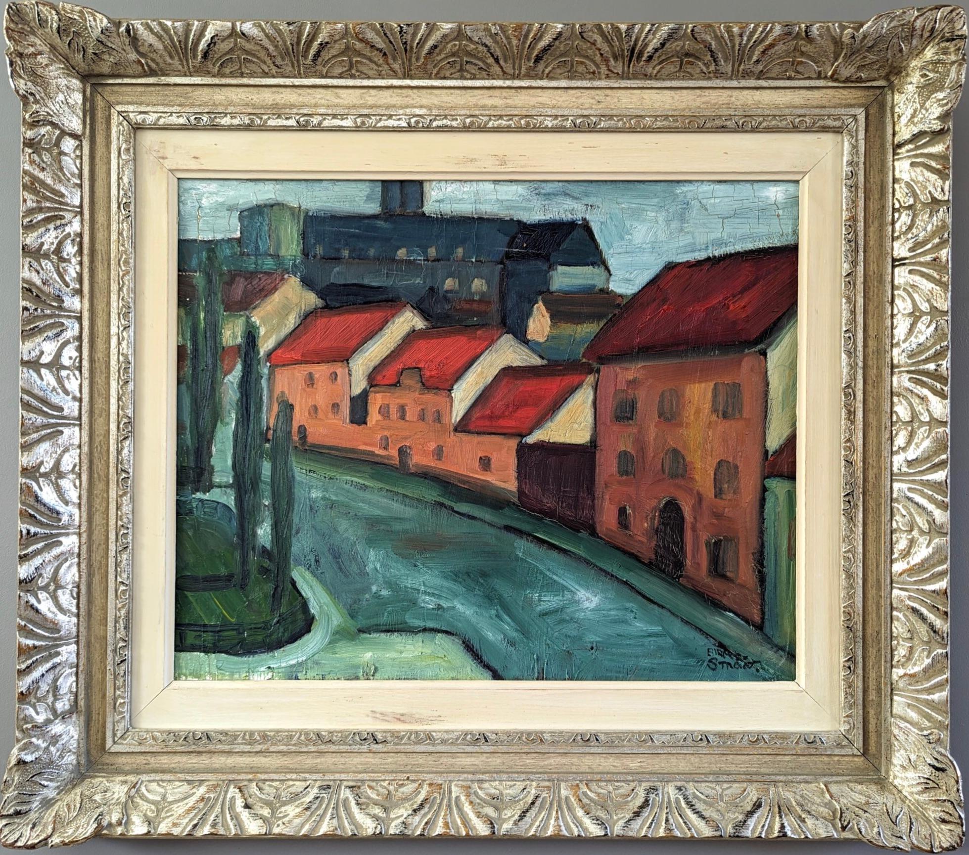 Unknown Landscape Painting - Vintage Mid-Century Modern Street Scene Oil Painting - Stretch of Houses