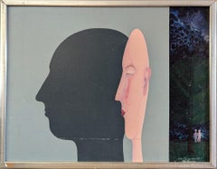 Vintage Mid Century Modern Surrealist Portrait Oil Painting - Inner Dialogue