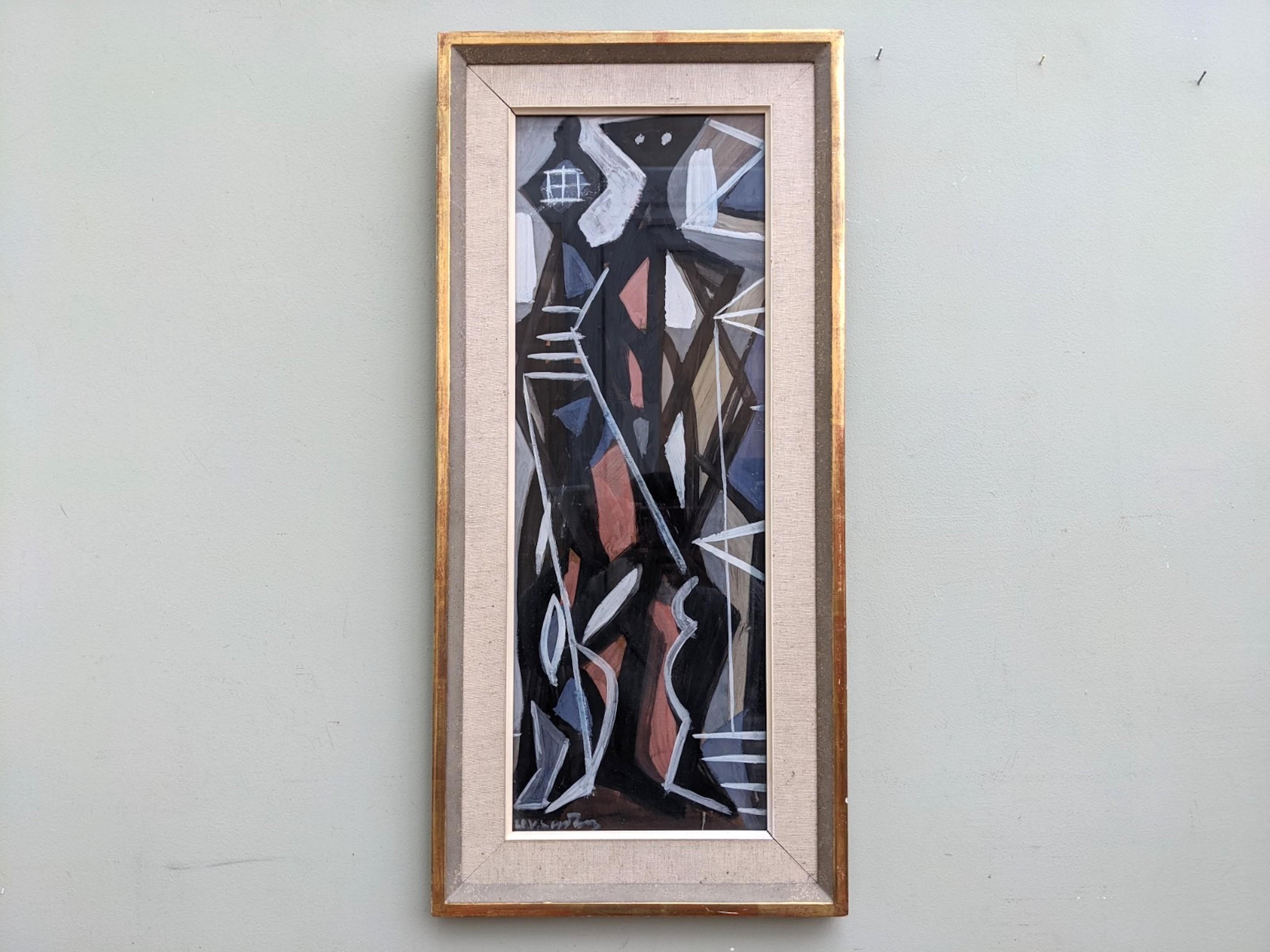 Geometric Figures
Size: 72 x 33 cm (including frame)
Oil & Gouache

A very striking mid century geometric abstract figurative composition, executed in oil and gouache.

The composition depicts what appears to be 2 elongated figures that have been