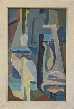 Vintage Mid Century Modern Swedish Abstract Oil Painting - Abstract Fishermen