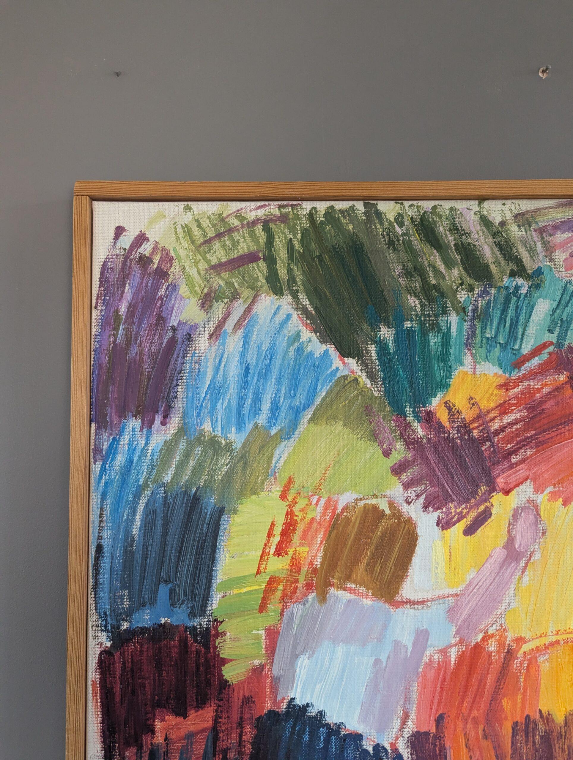 IN MEZZO ALLA FIORITURA
Dimensioni: 48 x 57 cm (cornice inclusa)
Olio su tela

Una vibrante composizione astratta di metà secolo con colori audaci e pennellate espressive, dipinta a olio su tela...

Due figure centrali, raffigurate con dettagli