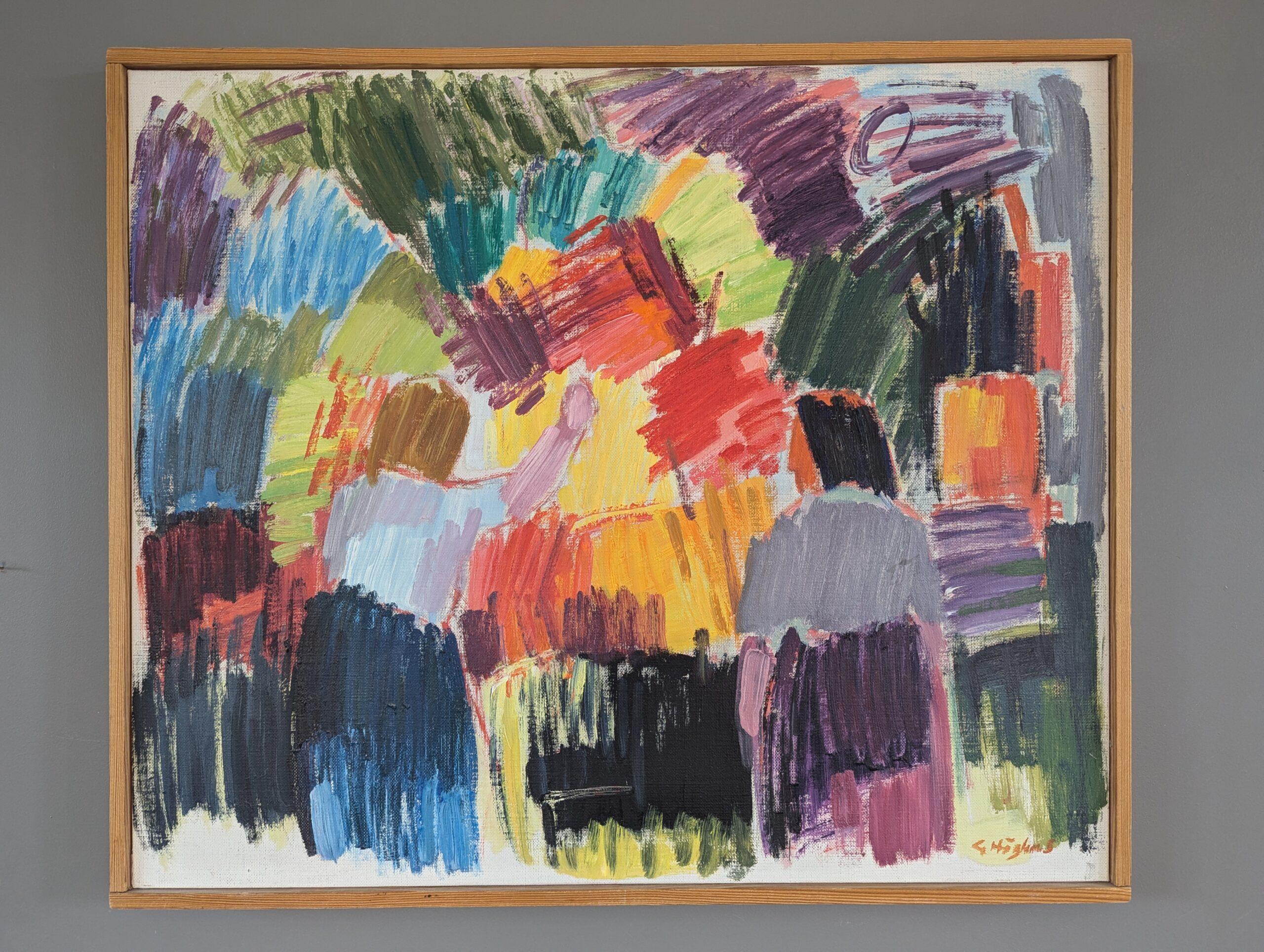 Pittura ad olio astratta svedese d'epoca del Mid Century Modern - Amidst the Bloom in vendita 2