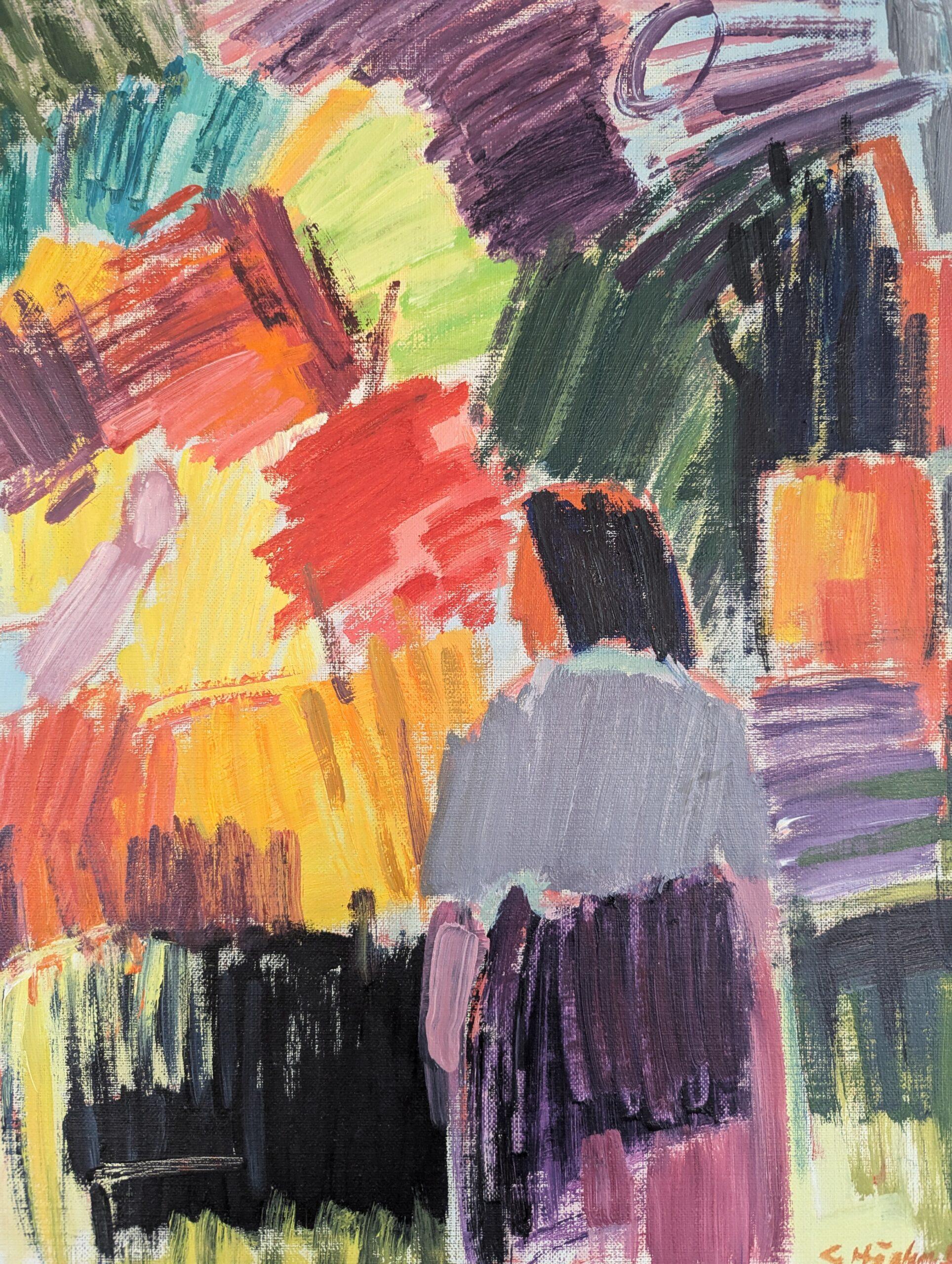 Pittura ad olio astratta svedese d'epoca del Mid Century Modern - Amidst the Bloom in vendita 4