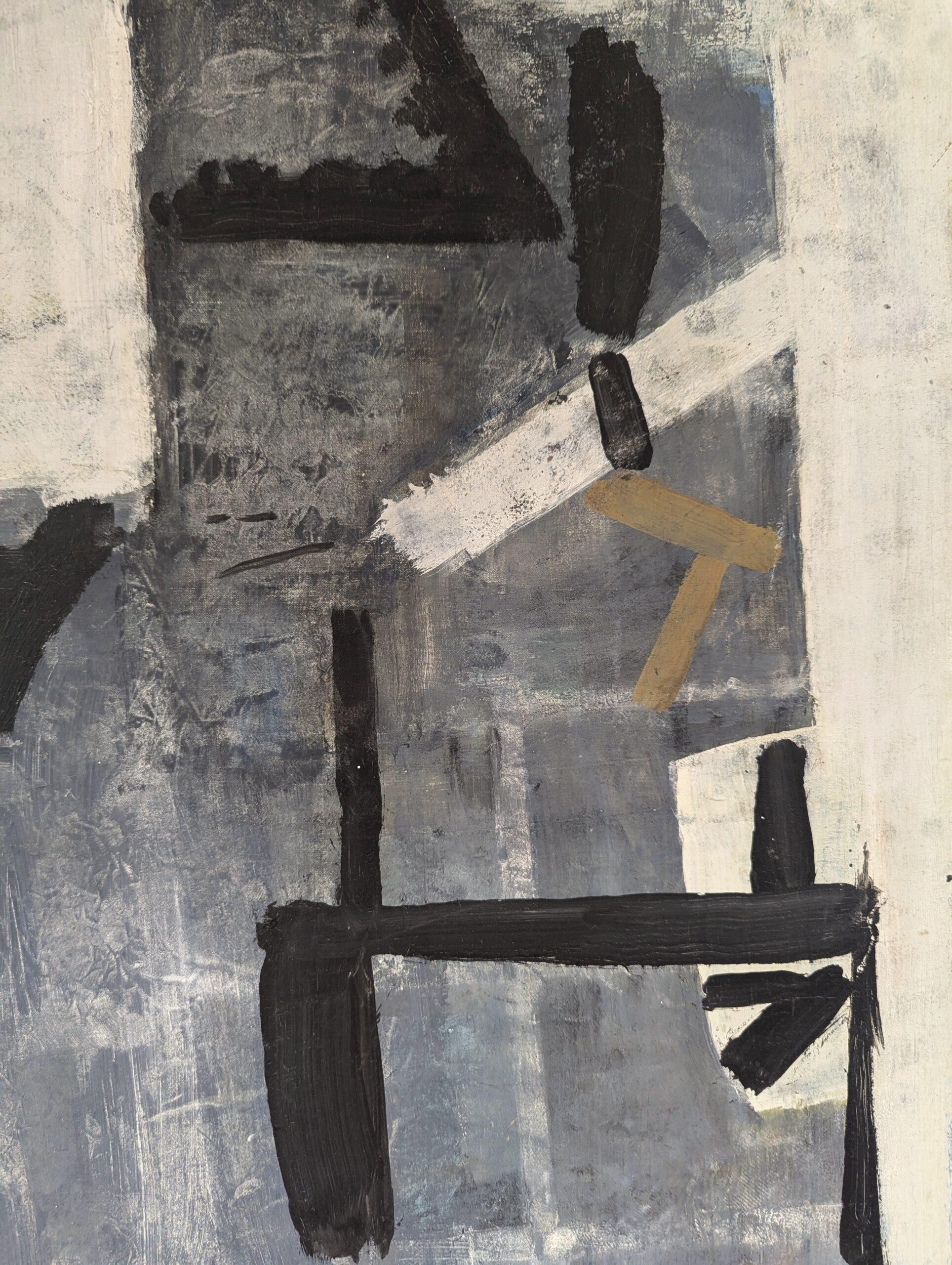 Vintage Mid-Century Modern Swedish Abstract Oil Painting - Intersections of Grey For Sale 7