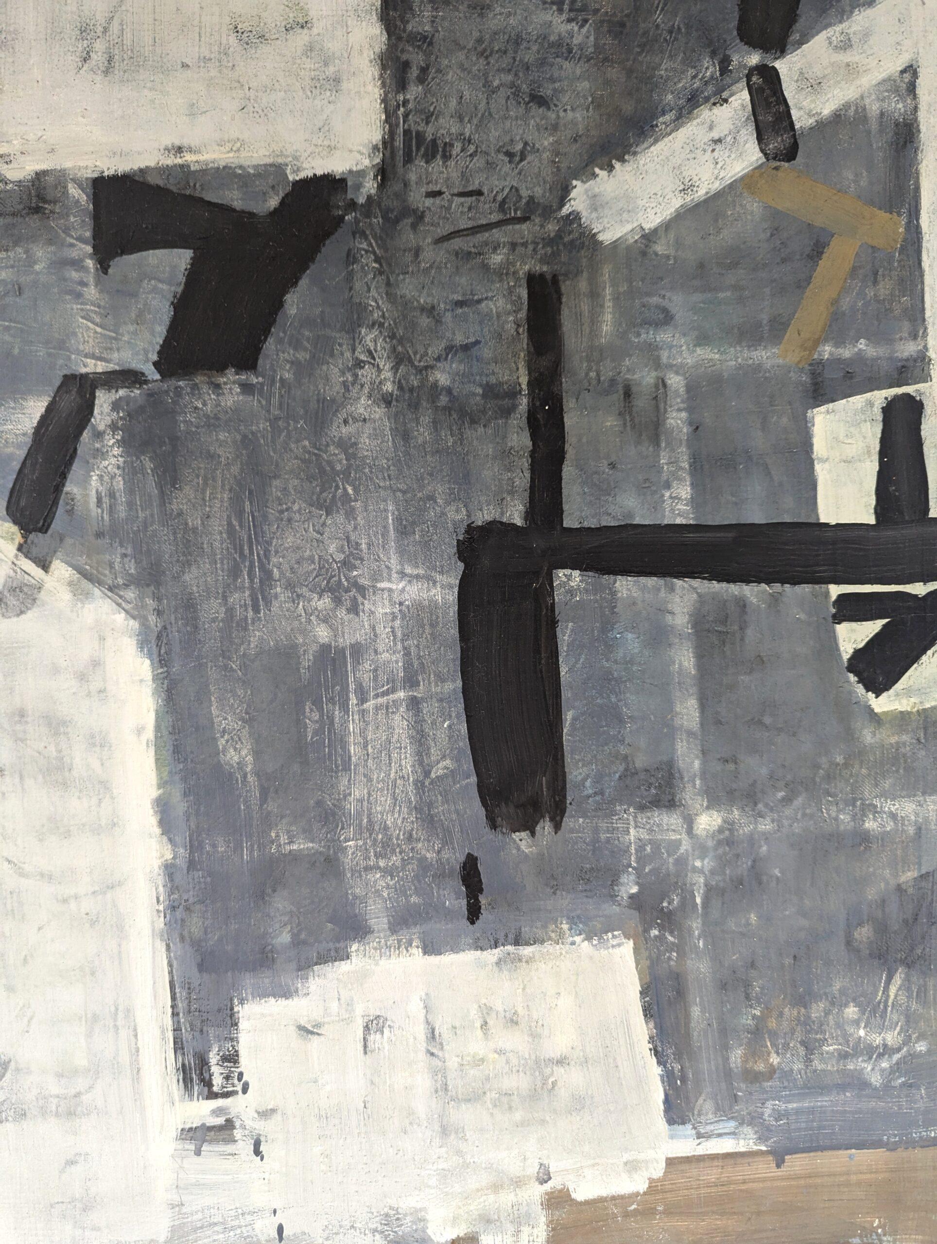 Vintage Mid-Century Modern Swedish Abstract Oil Painting - Intersections of Grey For Sale 8