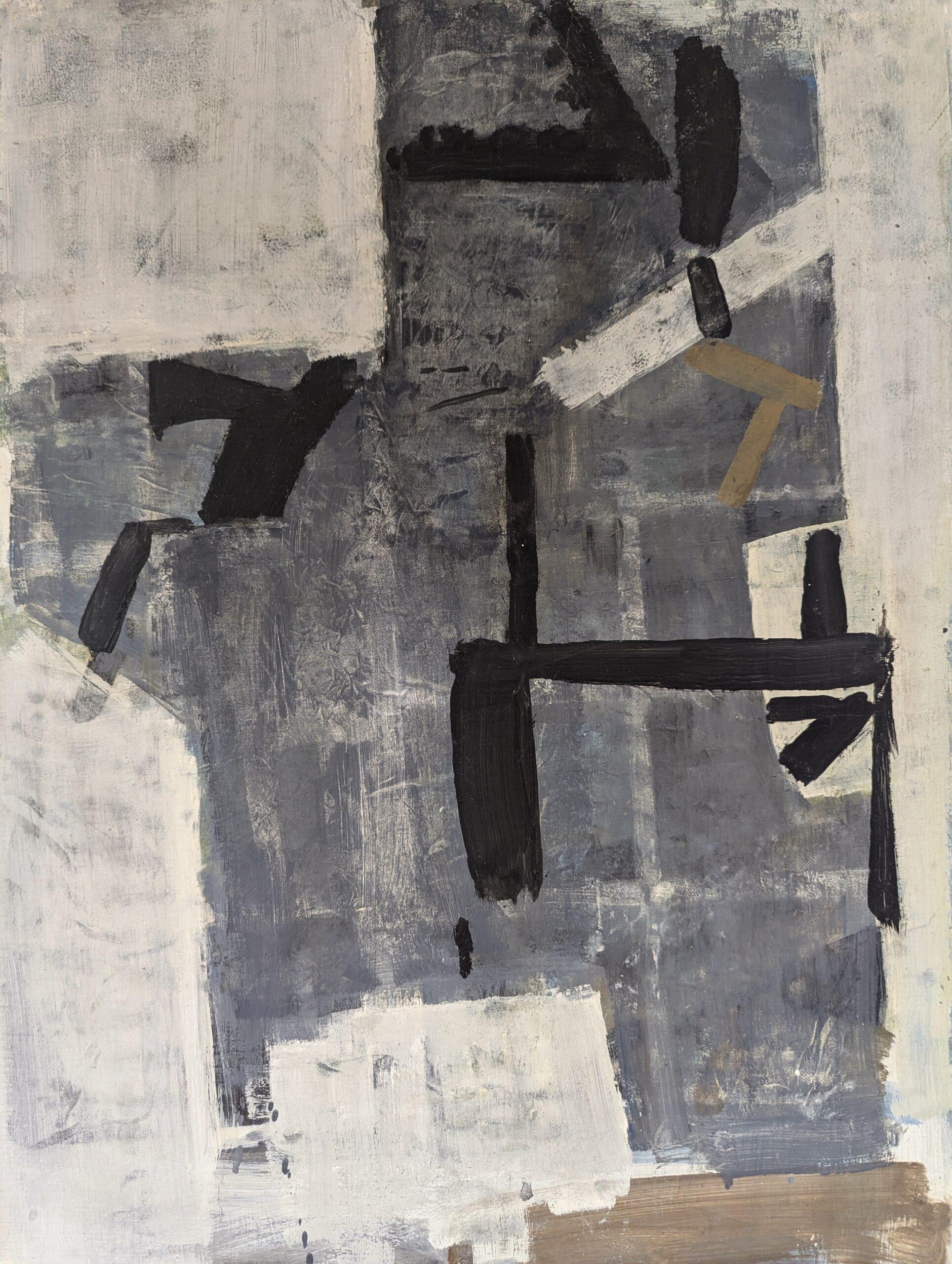 Vintage Mid-Century Modern Swedish Abstract Oil Painting - Intersections of Grey For Sale 9