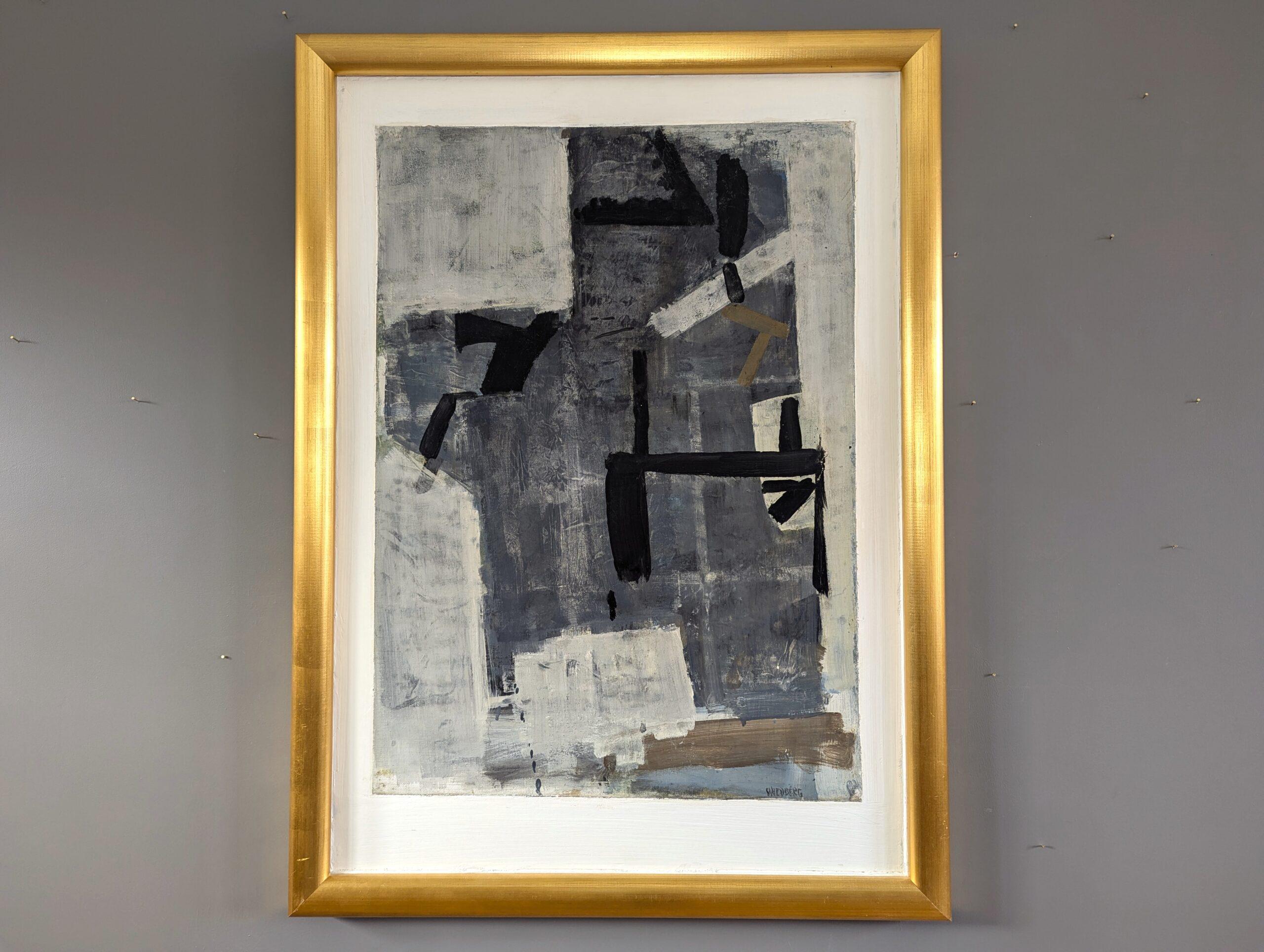 Vintage Mid-Century Modern Swedish Abstract Oil Painting - Intersections of Grey - Brown Abstract Painting by Unknown