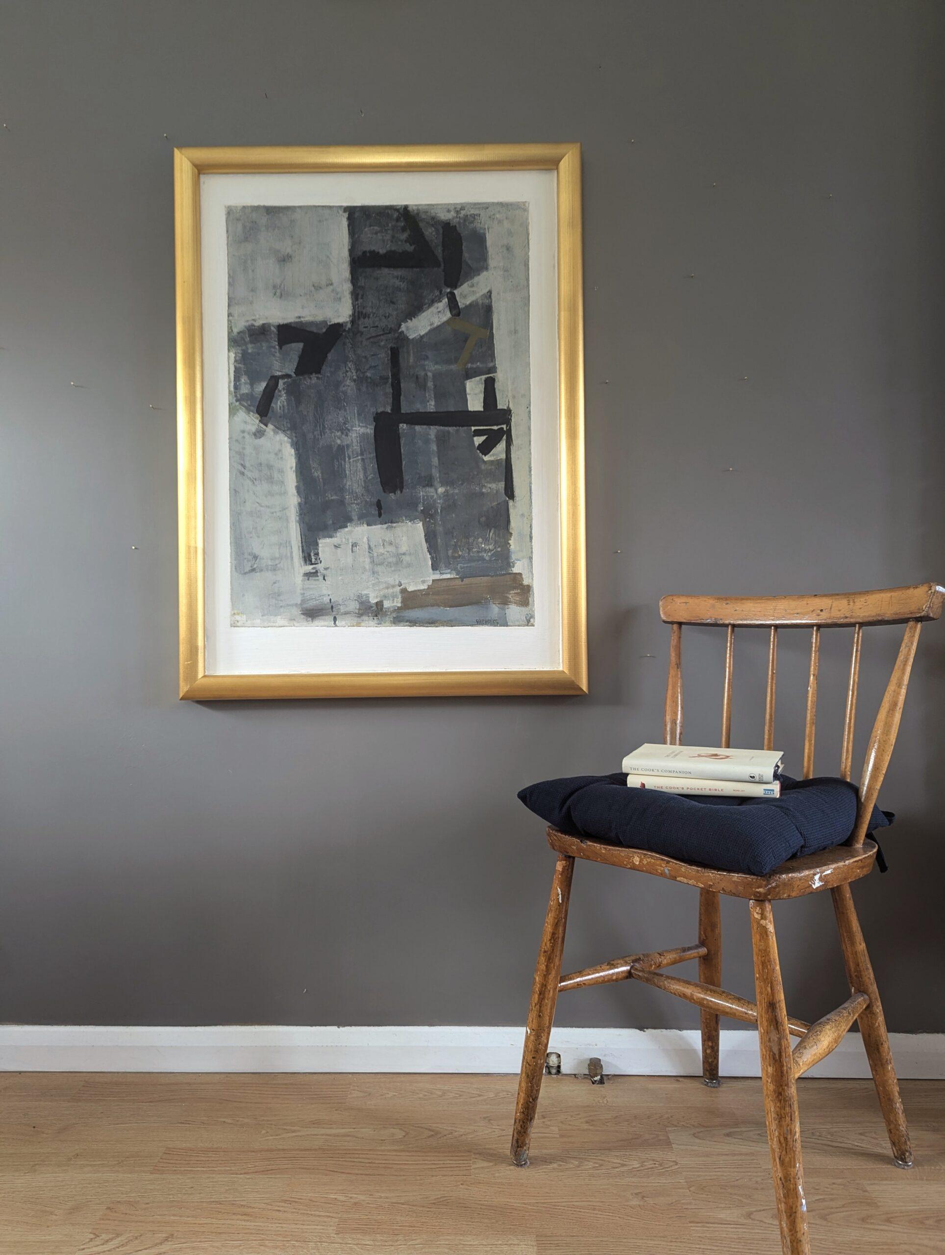 INTERSECTIONS OF GREY
Size: 65 x 85 cm (including frame)
Oil on board

A very large mid century modernist abstract composition, painted in oil onto board.

Almost monochrome in its palette, this abstract composition has a focus on mark making. The