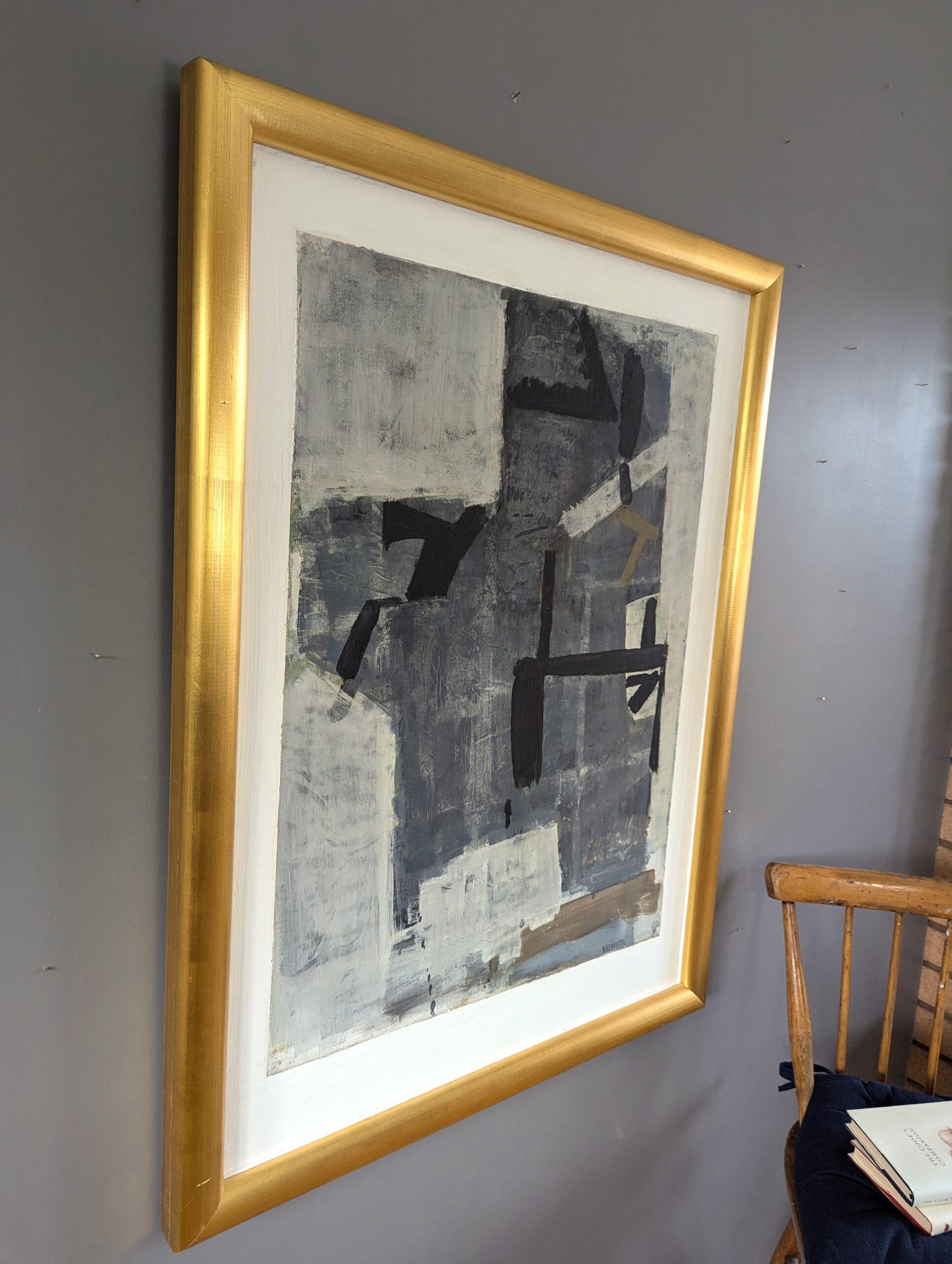 Vintage Mid-Century Modern Swedish Abstract Oil Painting - Intersections of Grey For Sale 1