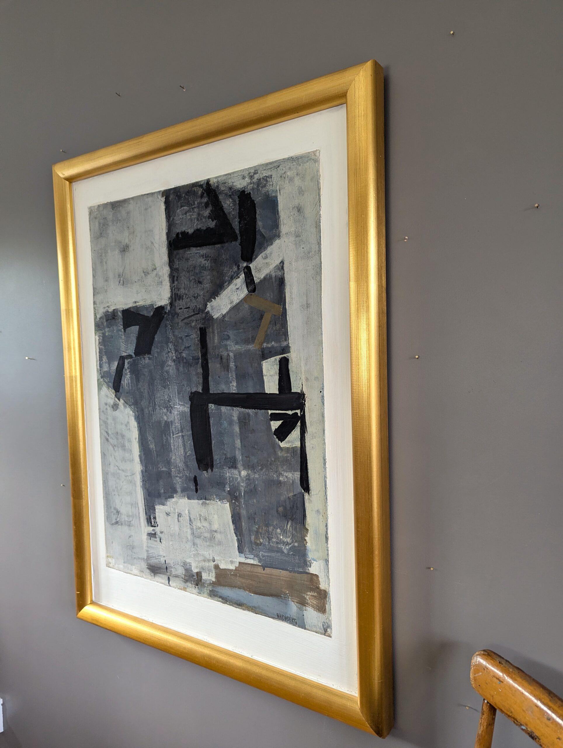 Vintage Mid-Century Modern Swedish Abstract Oil Painting - Intersections of Grey For Sale 2