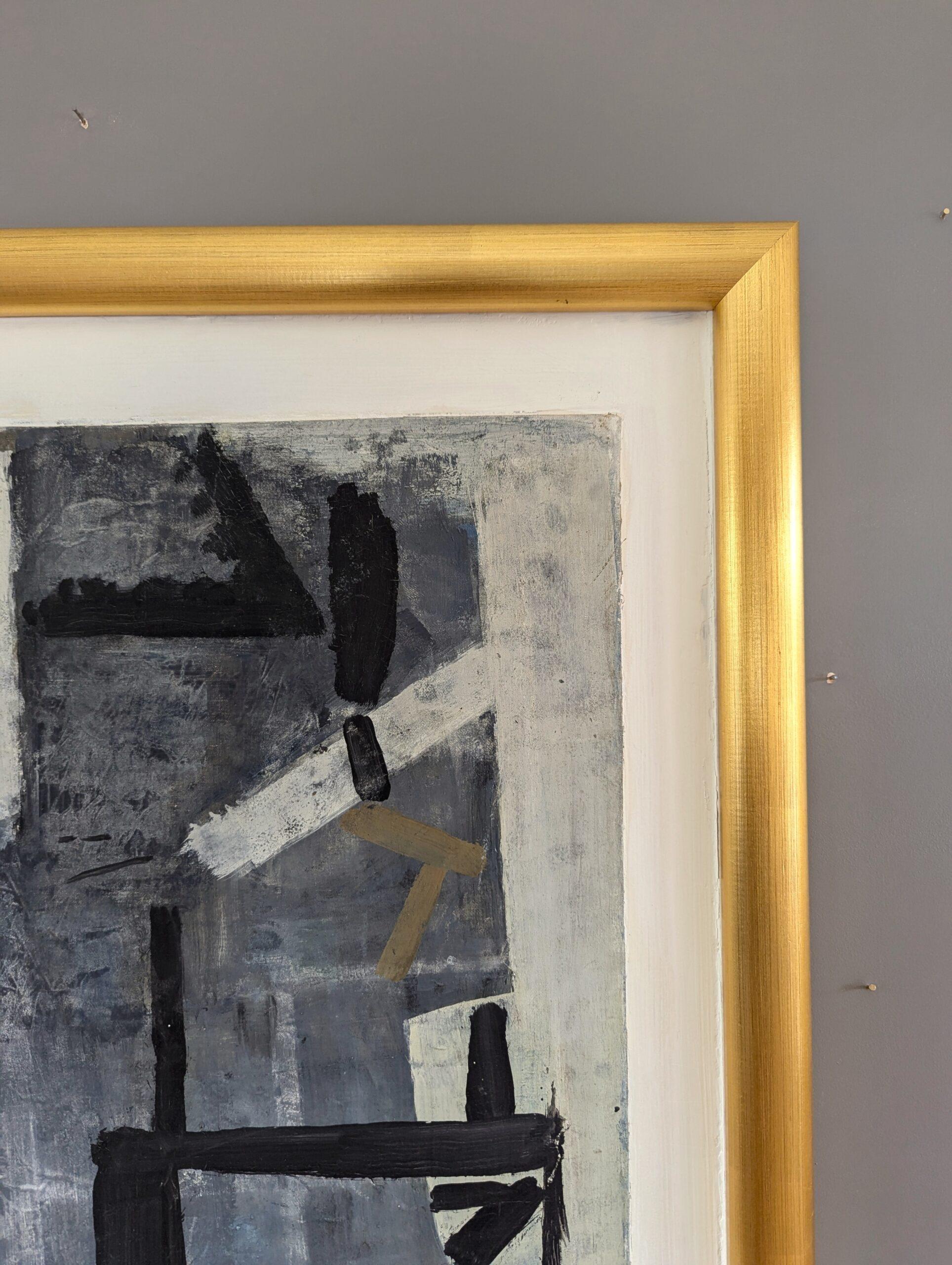 Vintage Mid-Century Modern Swedish Abstract Oil Painting - Intersections of Grey For Sale 4