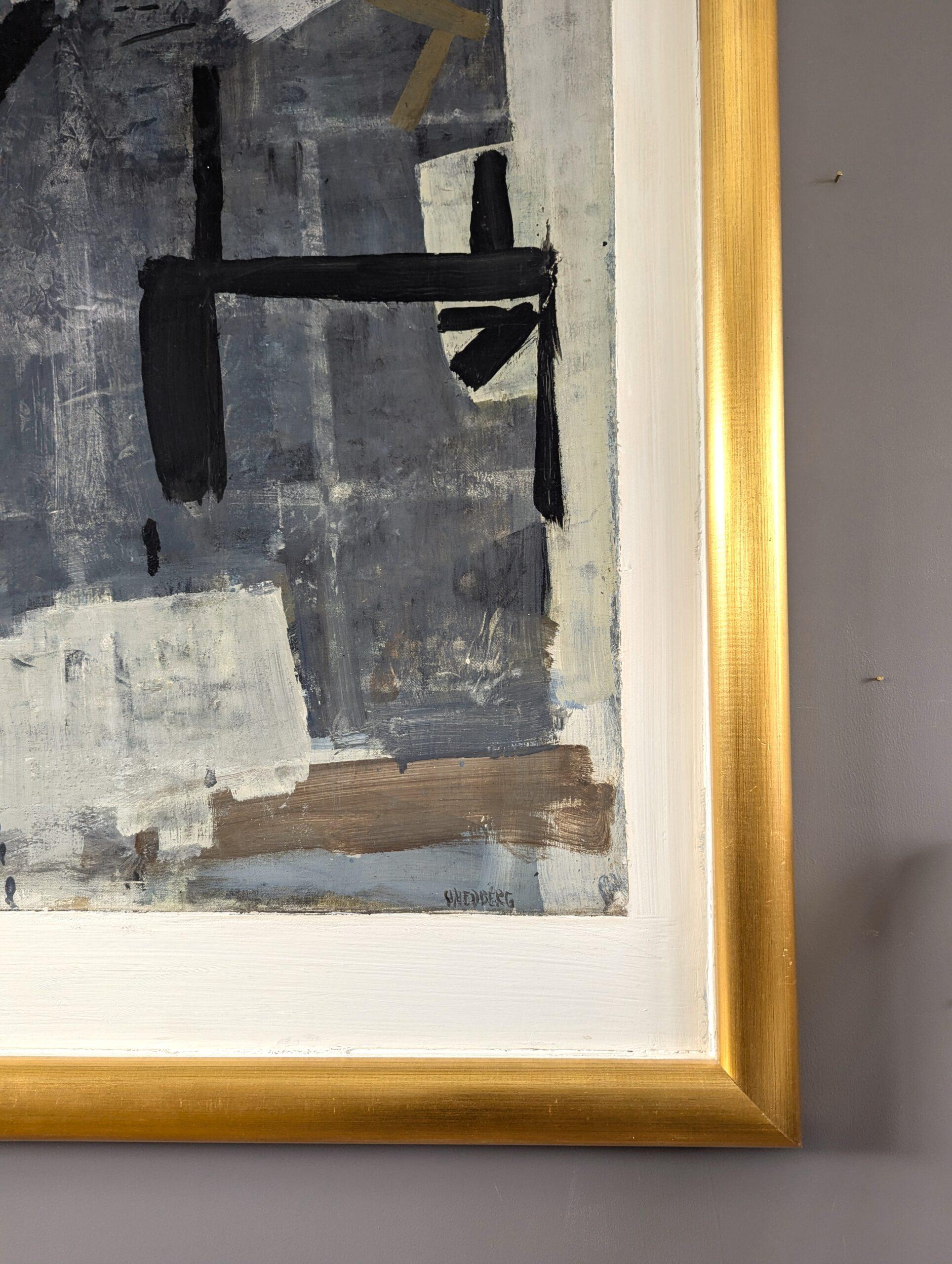 Vintage Mid-Century Modern Swedish Abstract Oil Painting - Intersections of Grey For Sale 5