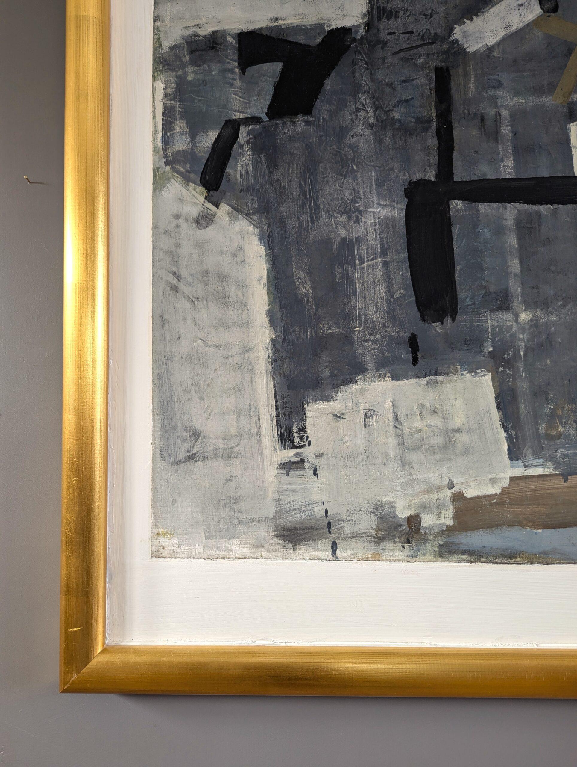 Vintage Mid-Century Modern Swedish Abstract Oil Painting - Intersections of Grey For Sale 6
