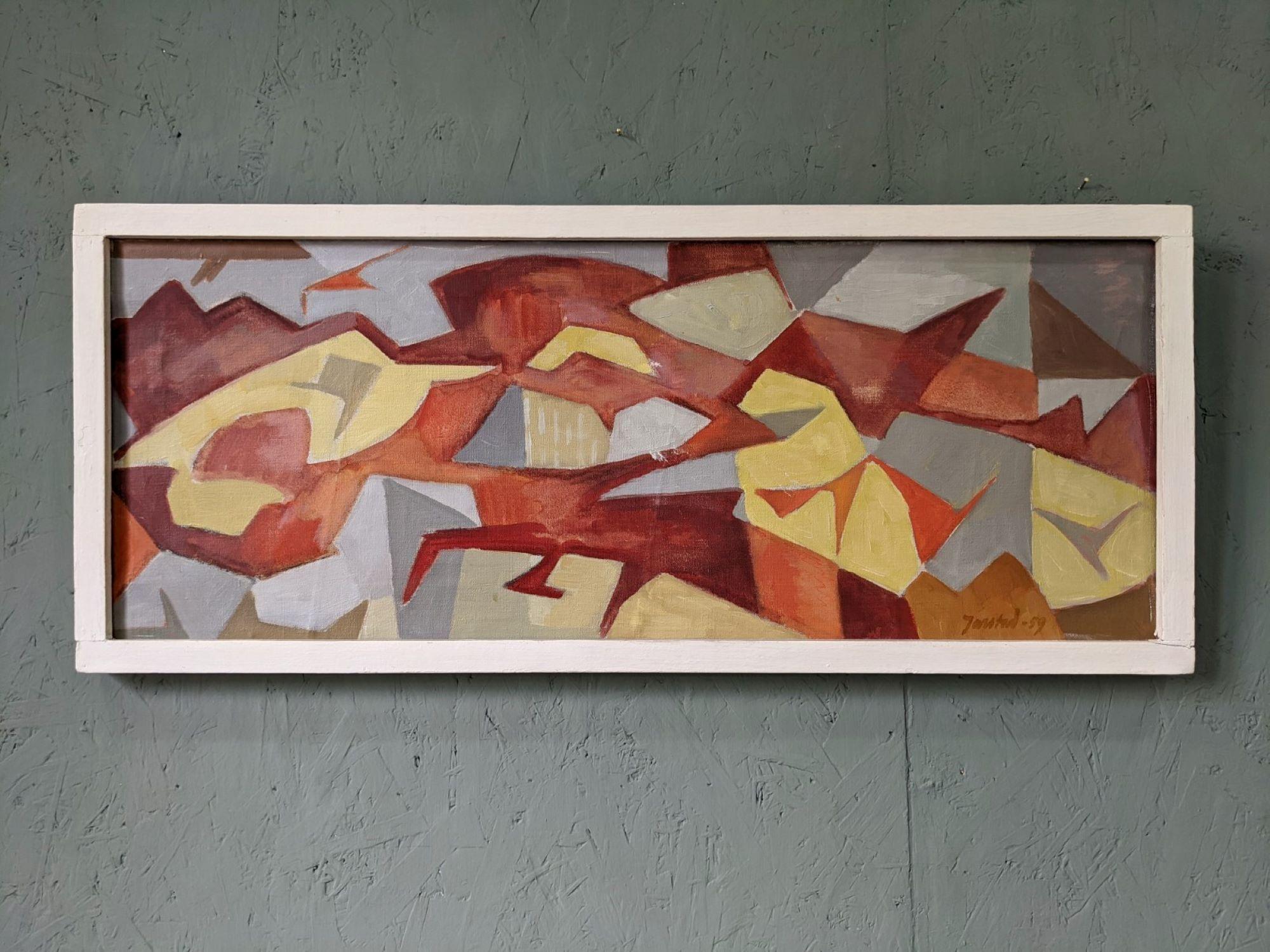 Vintage Mid-Century Modern Swedish Abstract Oil Painting - Jigsaw, Framed, 1959 - Brown Abstract Painting by Unknown