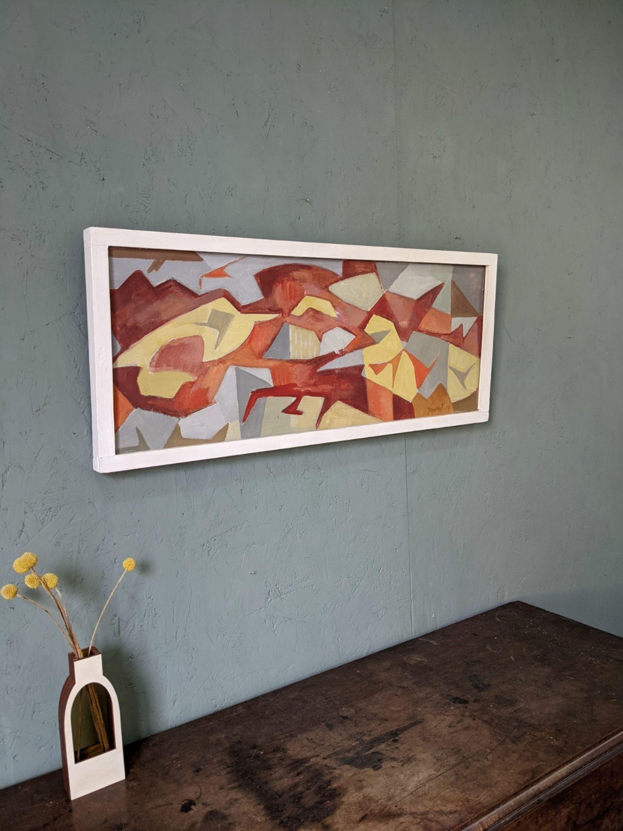 JIGSAW
Size: 32 x 76.5 cm (including frame)
Oil on canvas

A fun and playful abstract composition, executed in oil onto canvas and dated 1959.

The artist has arranged an array of geometric shapes in different colours and sizes onto the canvas,