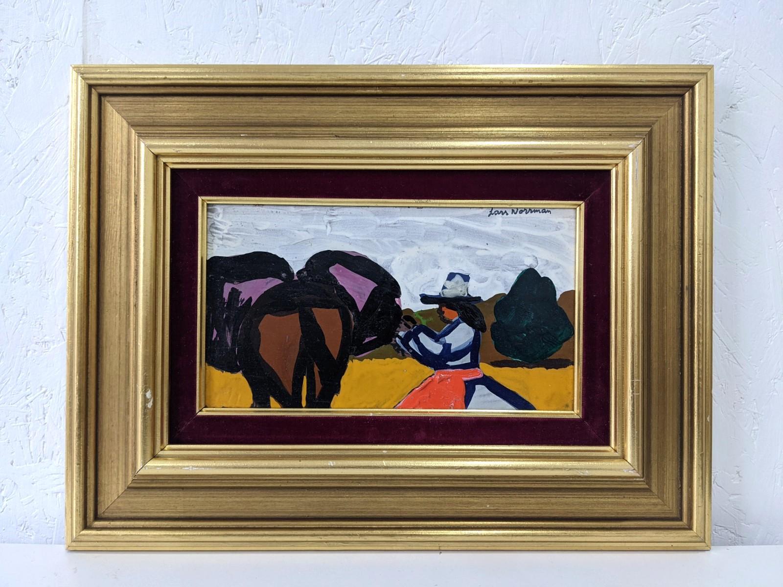 SAFARI
Oil on Board
Size: 34 x 45 cm (including frame)


A very striking mid century oil  composition, presenting a landscape scene where a woman in a red and blue dress and a hat is touching a large elephant, that is back-facing the viewer.

A rich