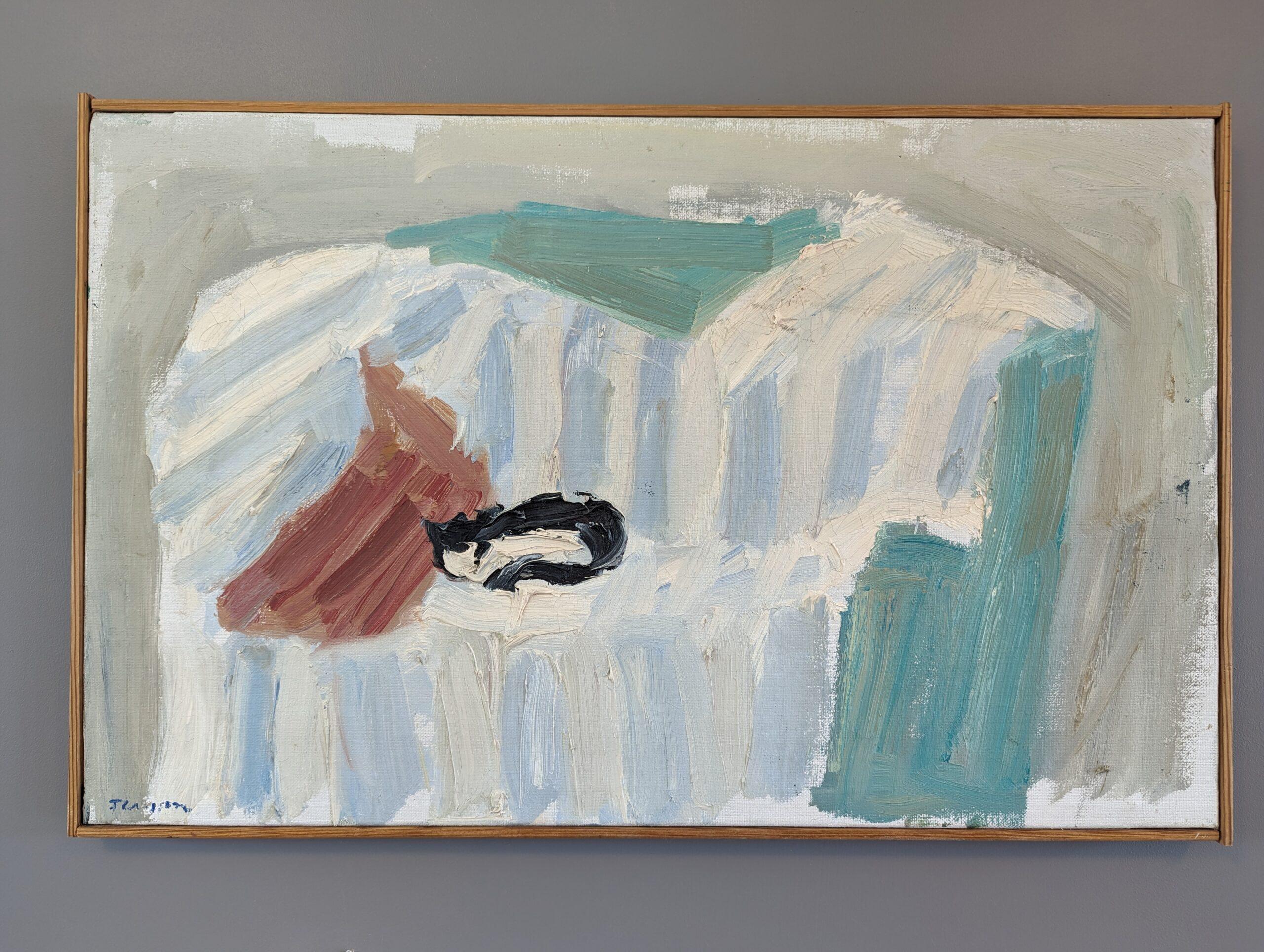 CAT ON COUCH
Size: 40 x 63 cm (including frame)
Oil on Canvas

A delightful and very cleverly painted composition in oil, painted onto canvas.

Simple but very effective in its composition, we see an interior scene of a cat curled up on a striped