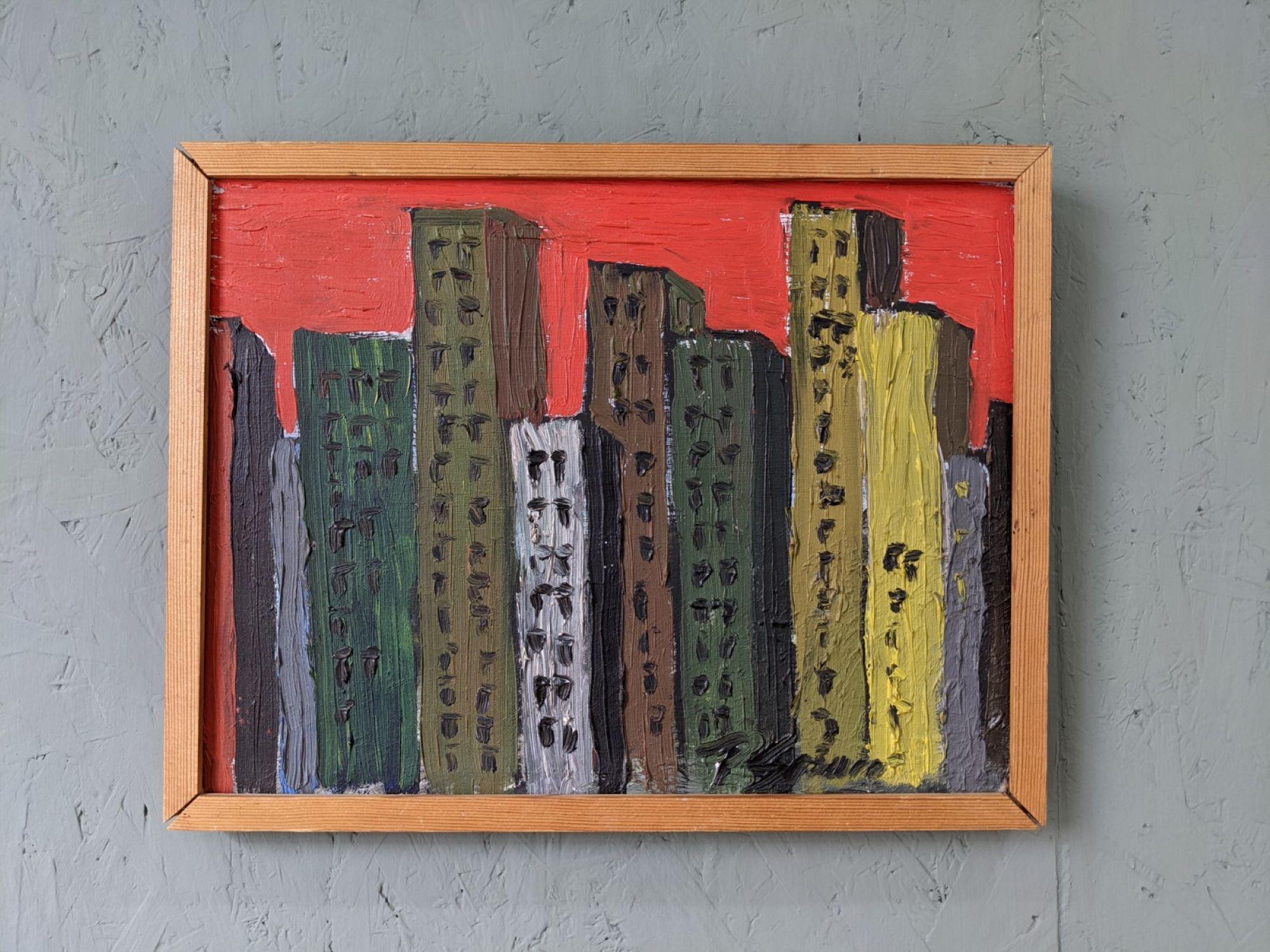 SKYLINE
Size: 29 x 37 cm (including frame)
Oil on board

A small and vibrant modernist oil composition, featuring a city skyline where rows of tall buildings are set against a striking red background.

Painted in an expressive manner, the artist has