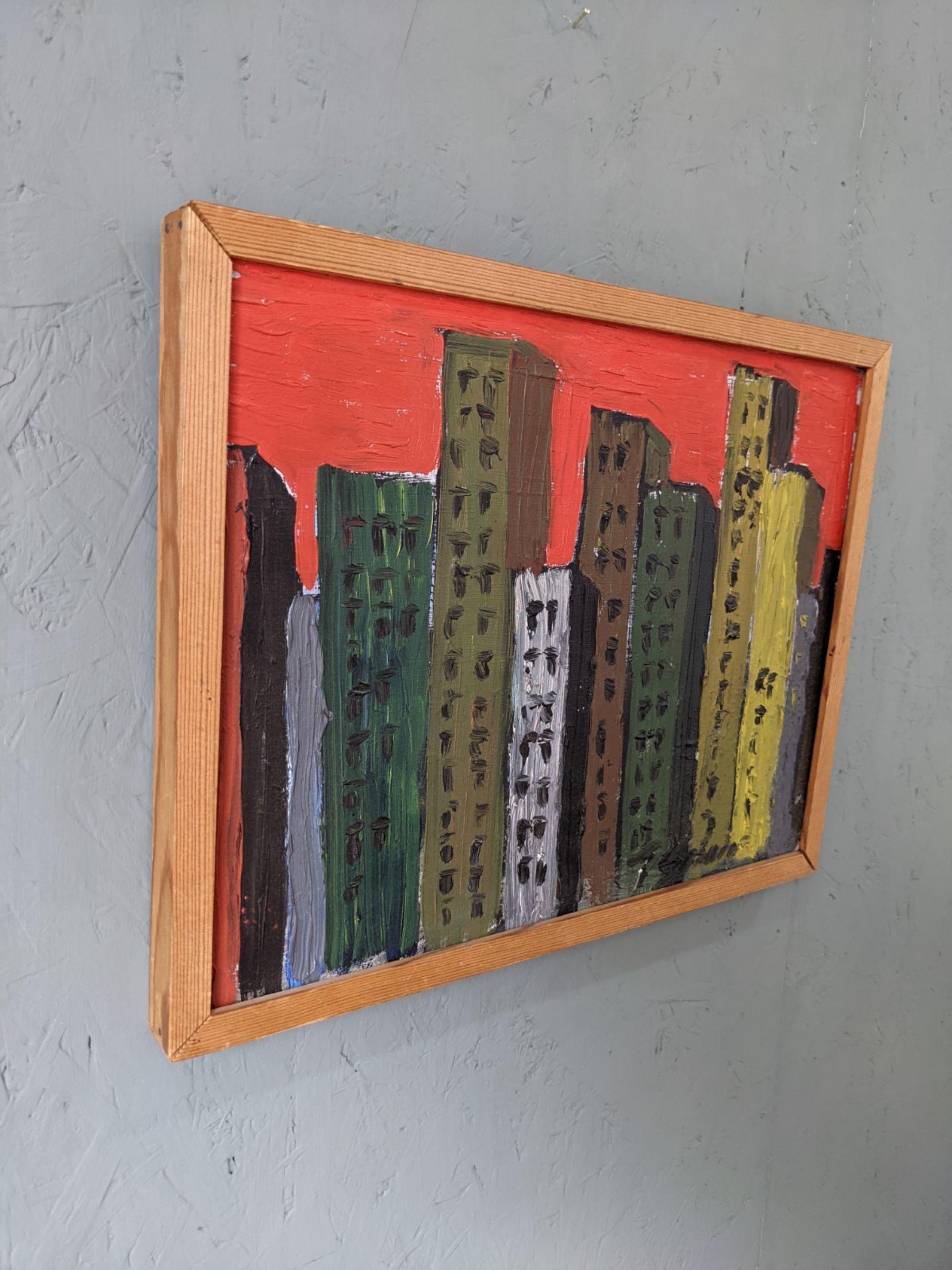 SKYLINE
Größe: 29 x 37 cm (einschließlich Rahmen)
Öl auf Karton

Eine kleine und lebendige modernistische Ölkomposition mit einer Stadtsilhouette, in der sich Reihen von hohen Gebäuden vor einem auffallend roten Hintergrund abheben.

Die Künstlerin
