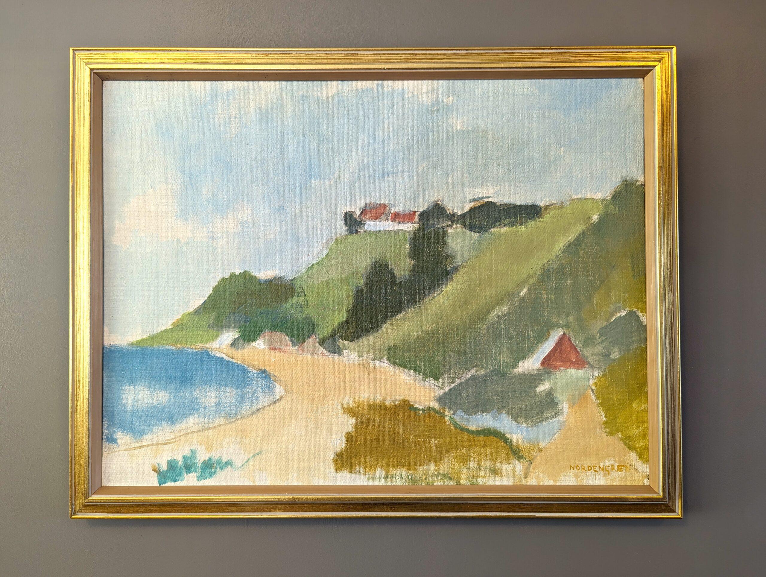 COASTAL HILL
Size: 43 x 55.5 cm (including frame)
Oil on Canvas

A soothing and inviting mid-century modernist style coastal landscape composition, executed in oil onto canvas.

The painting depicts a tranquil view of houses nestled atop a lush
