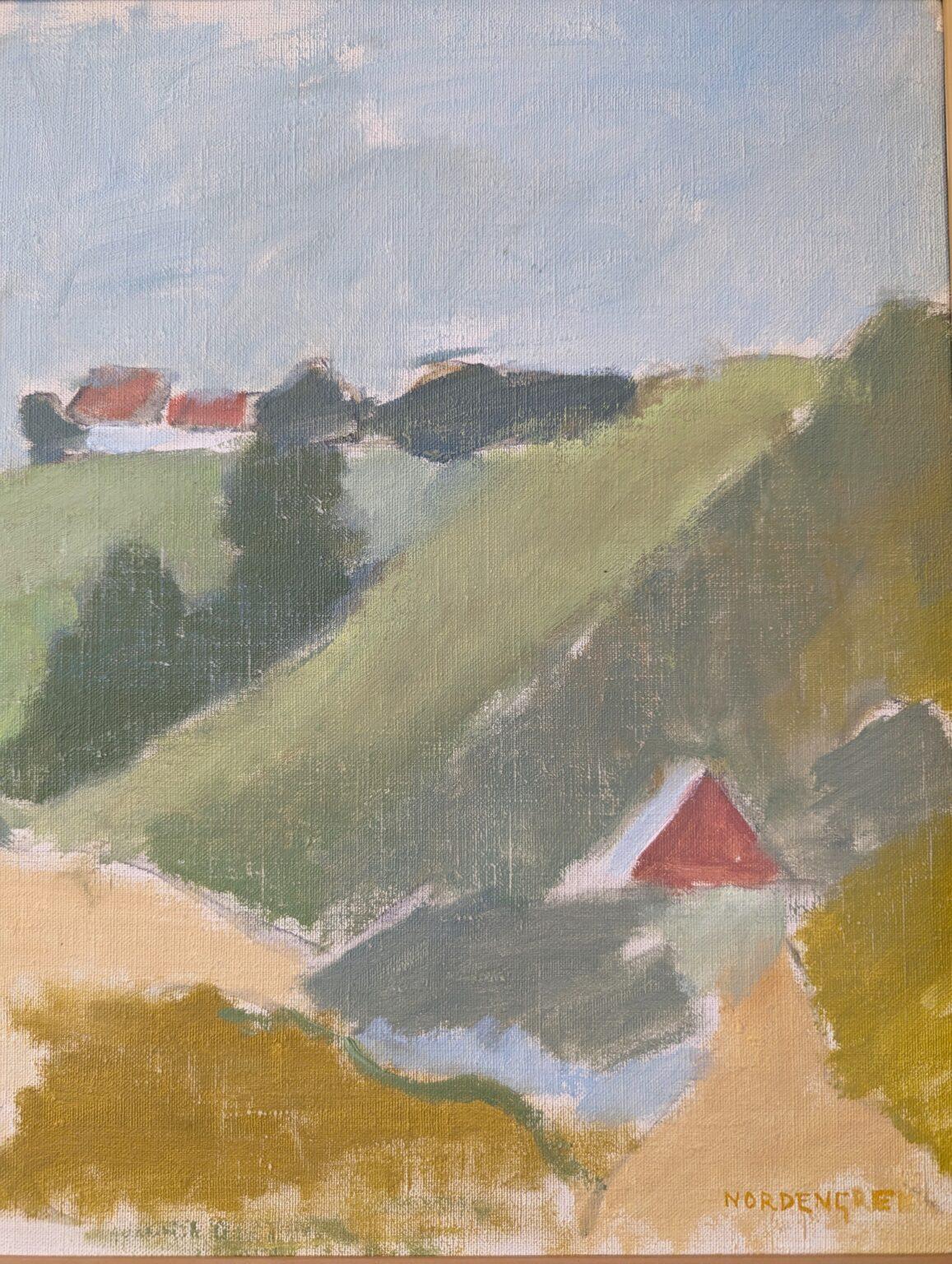 Pintura al óleo vintage de mediados de siglo de un paisaje costero sueco moderno - Coastal Hill 4