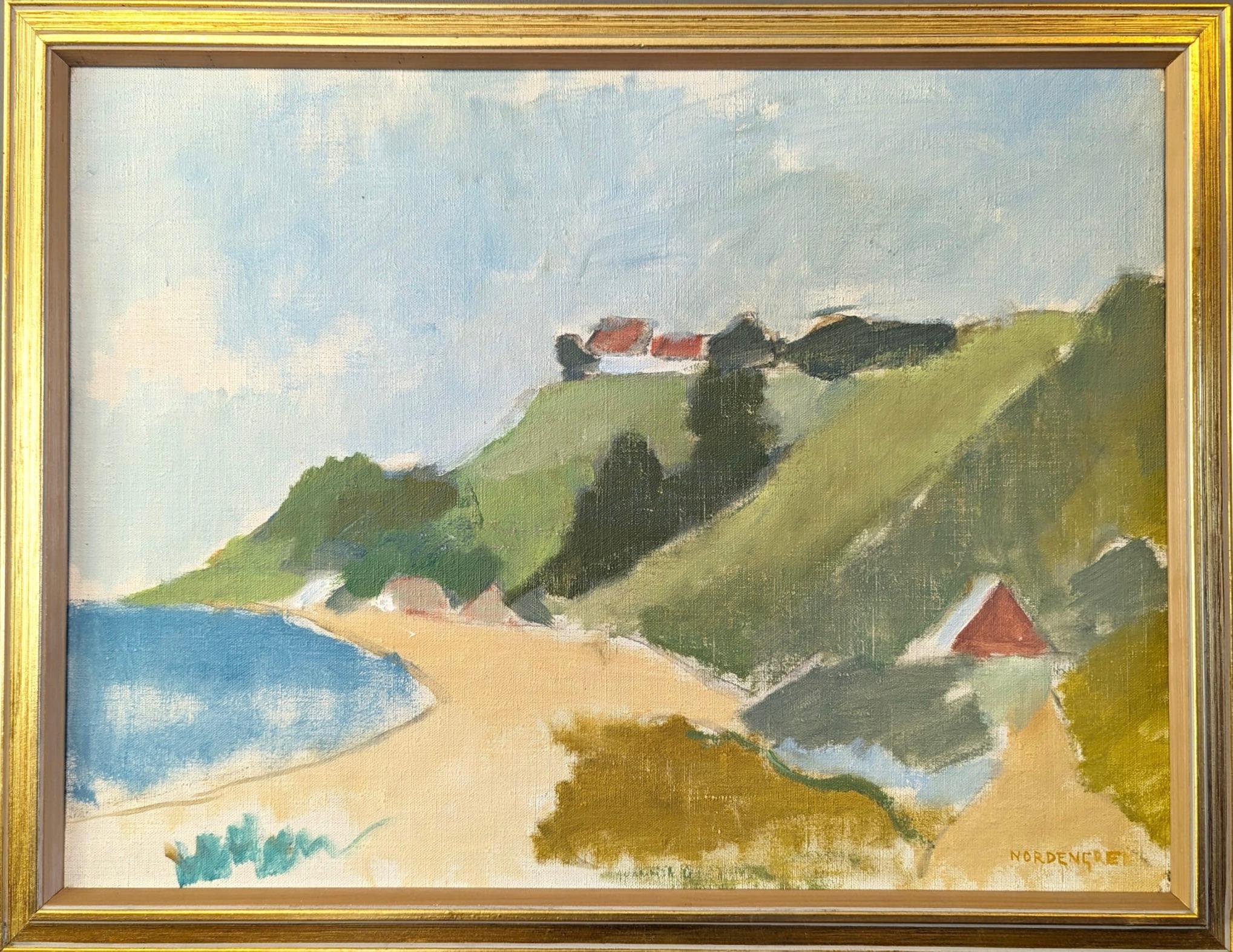 Unknown Landscape Painting - Vintage Mid-Century Modern Swedish Coastal Landscape Oil Painting - Coastal Hill